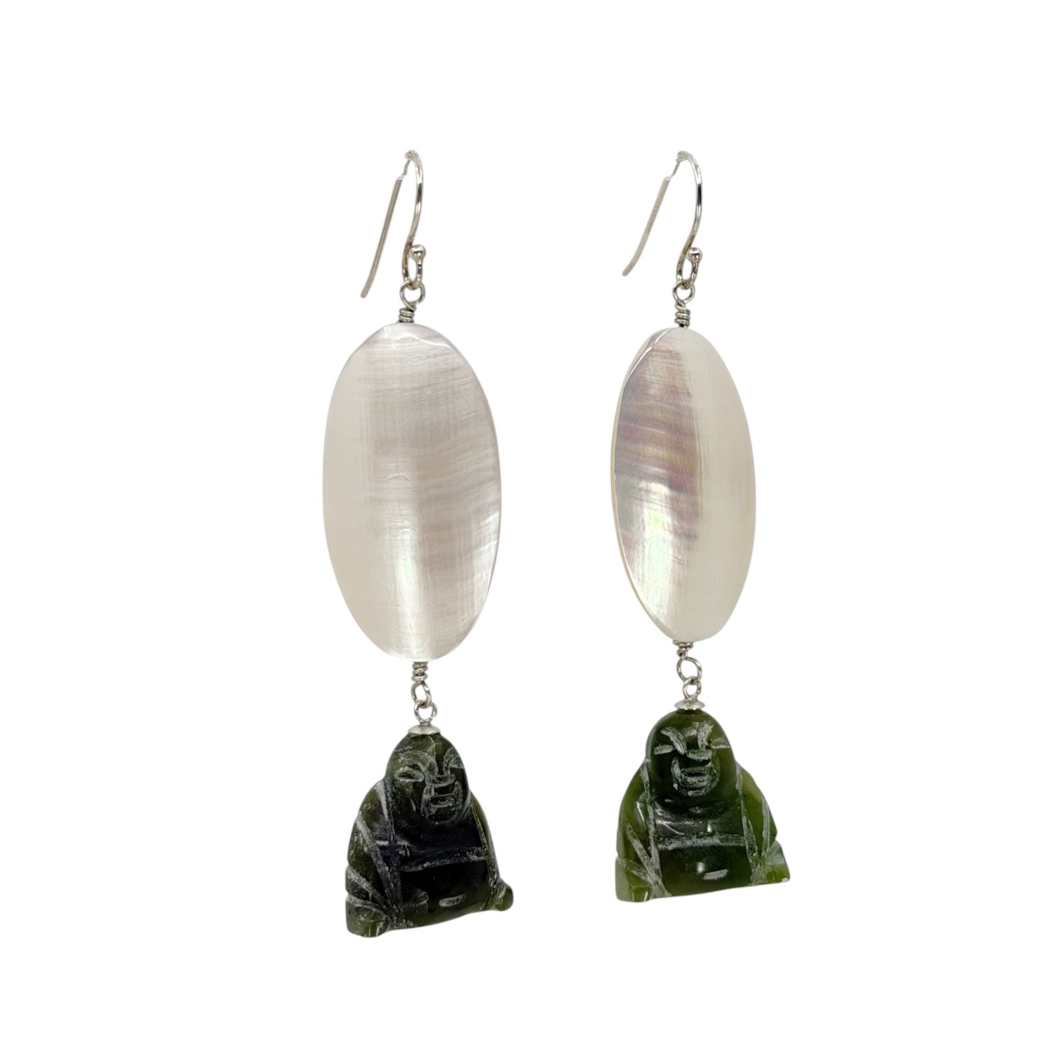 Sterling silver mother pearl & nephrite jade Buddha earrings - photo 2