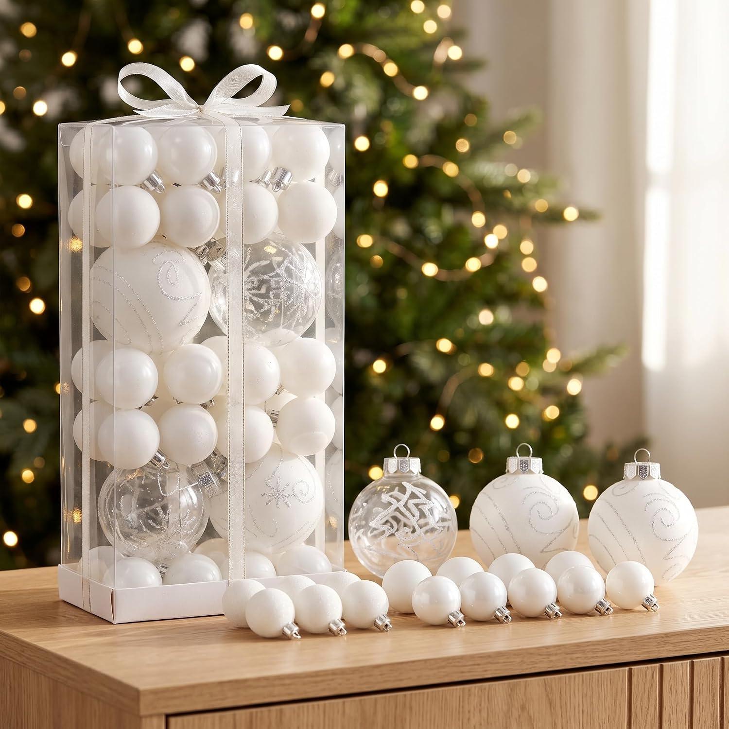White Shatterproof Christmas Ball Ornaments - 44Pcs