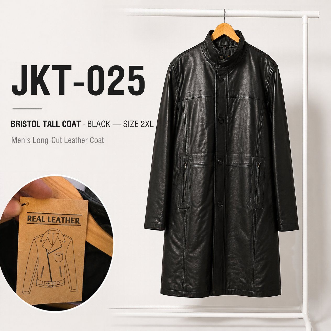 JKT-025 — Men's Bristol tall leather coat — brand new, size 2XL