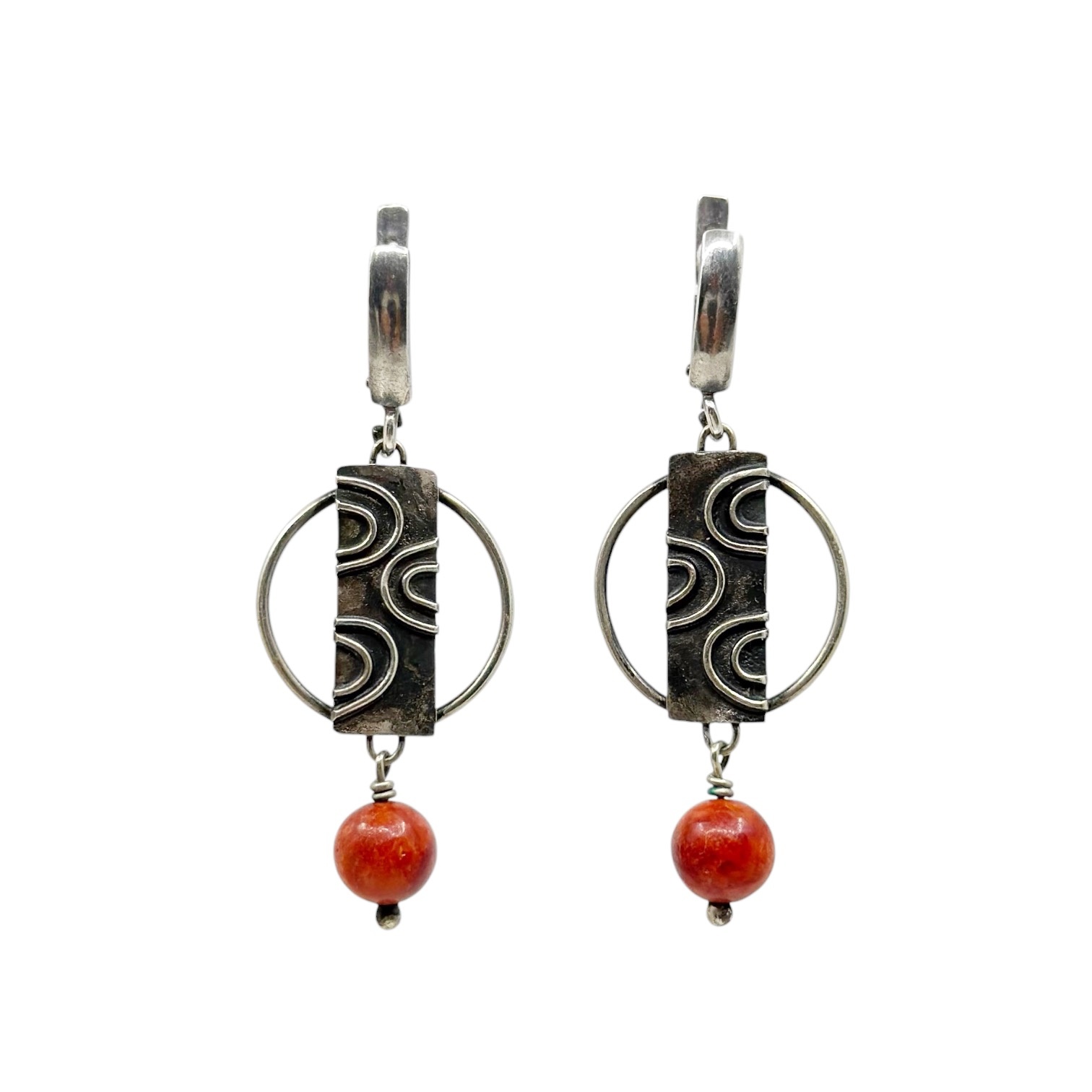 Modernist Hand Made sterling silver sponge coral drop earrings - photo 4