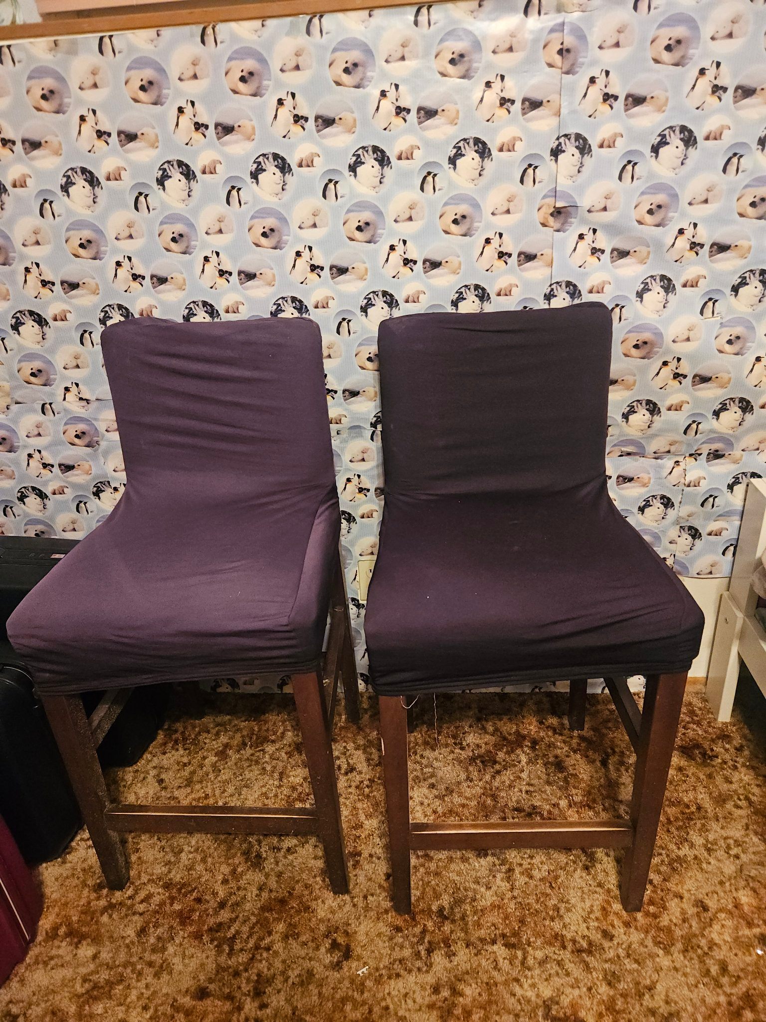 Pair of Dining Chairs with Dark Slipcovers - Wooden Legs