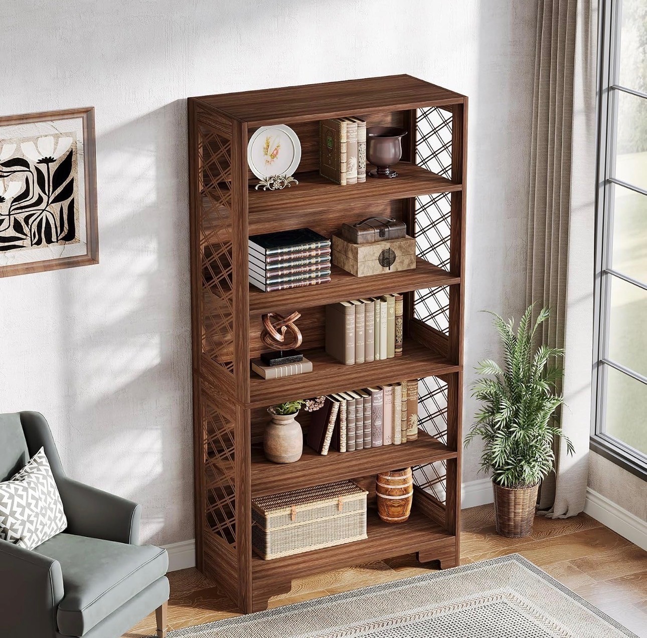 Tall 5-Tier Wooden Bookshelf – Walnut Finish – Brand New