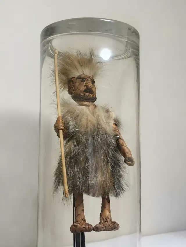 Effigy Figure Tribal Hunter Handcrafted Root Wood Fur - photo 3