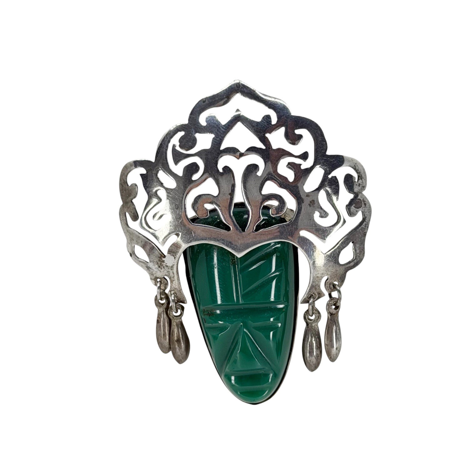 Vintage Mexican sterling silver carved chrysoprase mask brooch