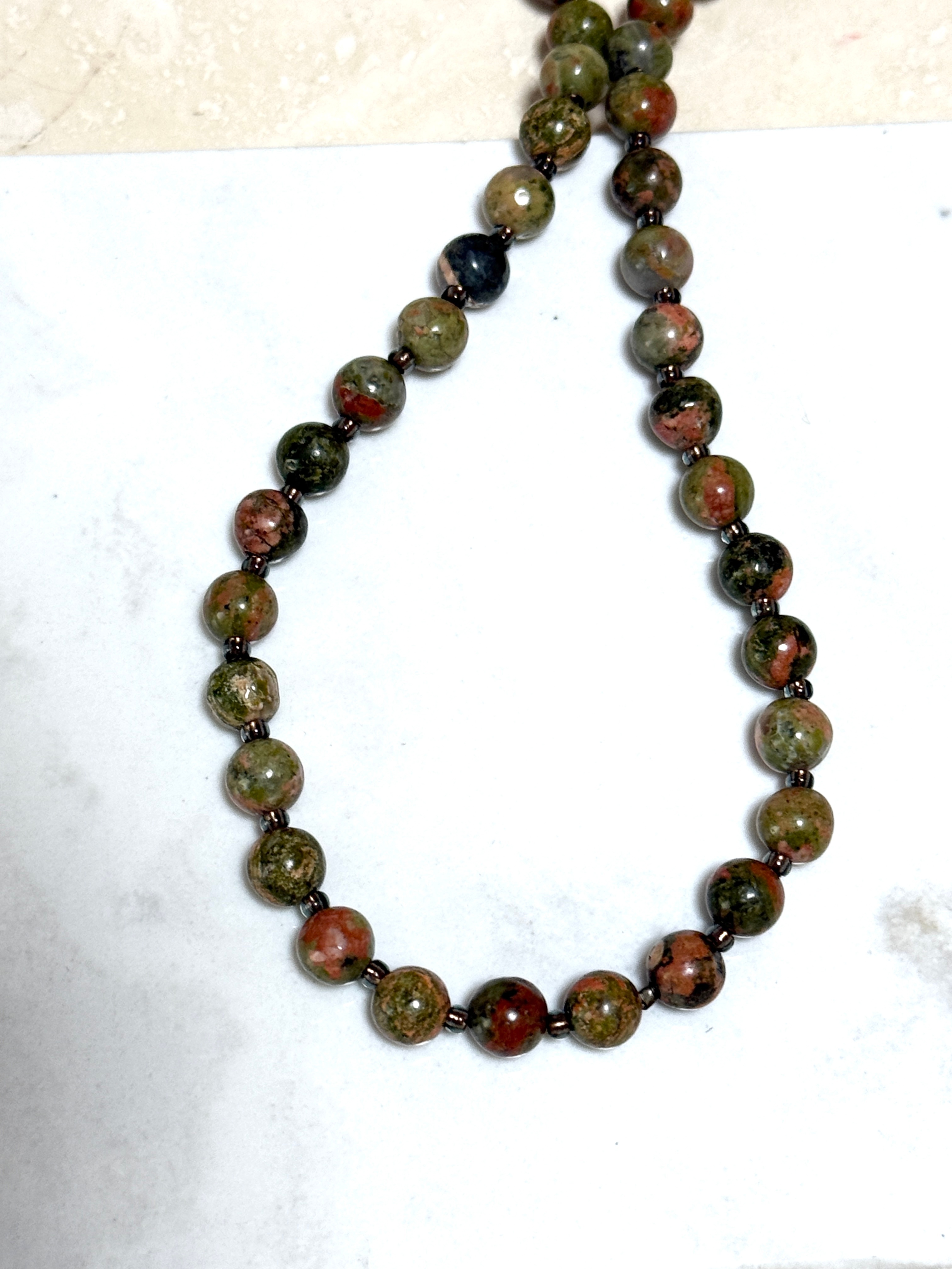 Green Unakite Short Necklace, Genuine Gemstone Beaded Necklace - photo 4