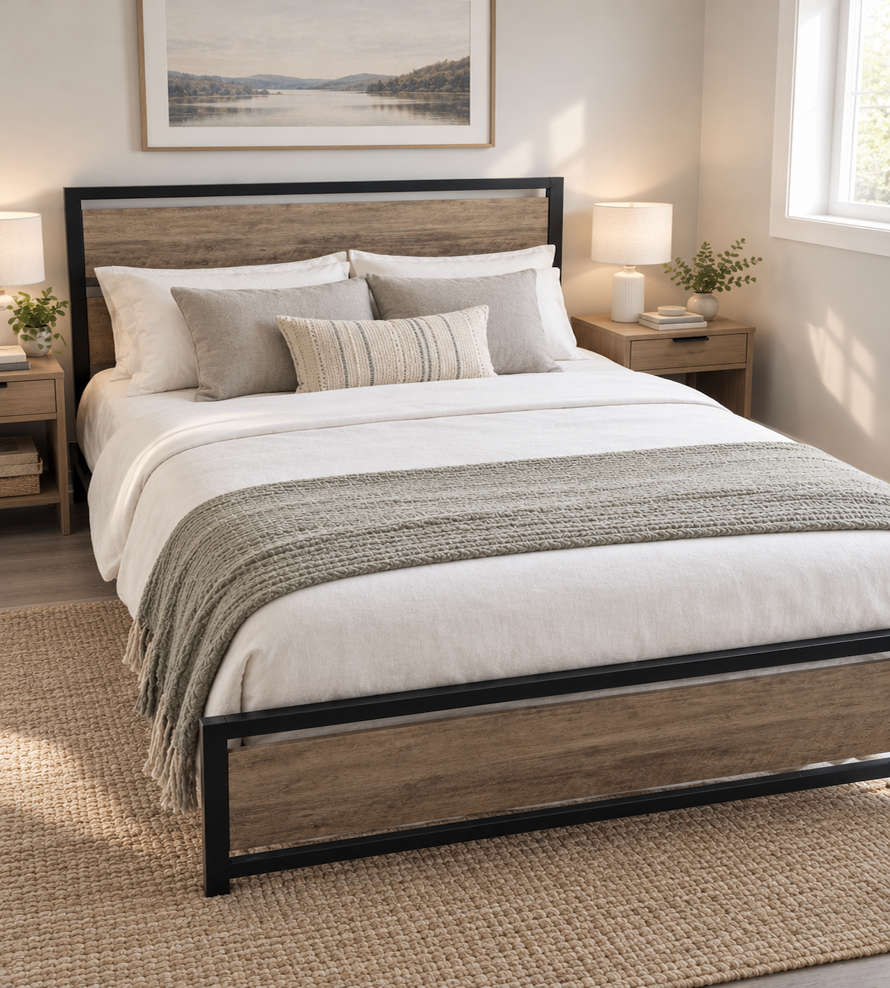 Queen Size Platform Bed Frame with Metal Frame & Wooden Boards - photo 2