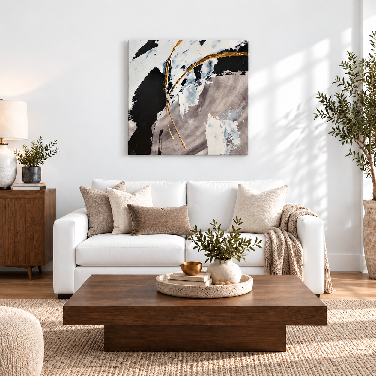 Large Modern Abstract Canvas — White, Black & Gold — $85
