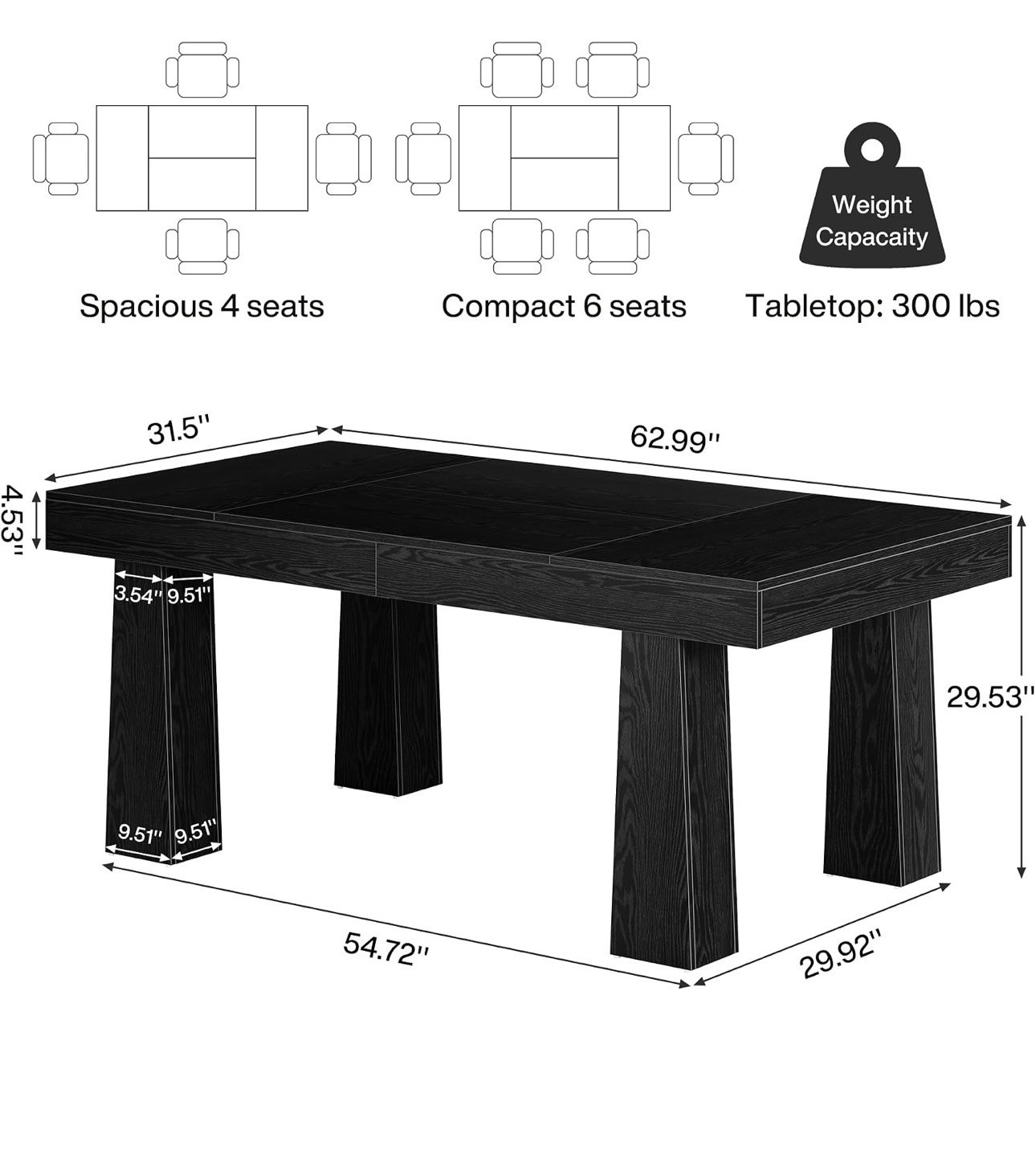 Black Dining Table 63" – Wood Table for 6, Brand New - photo 5