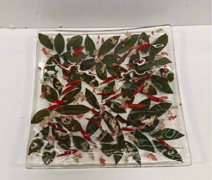 Decorative Glass Tray with Pressed Botanical Design