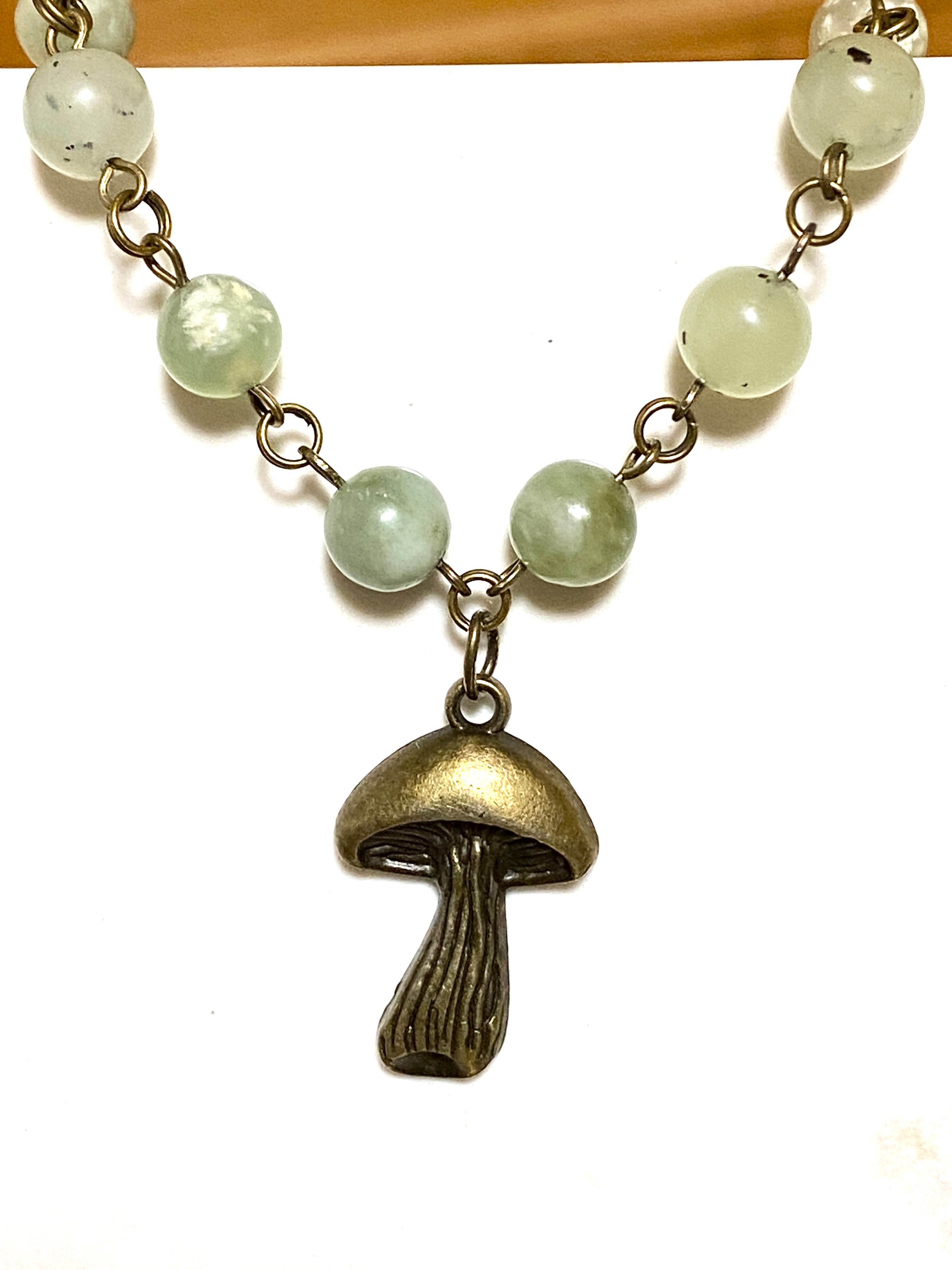 Mint Green Serpentine Short Necklace, Bronze Slim Mushroom Charm - photo 3