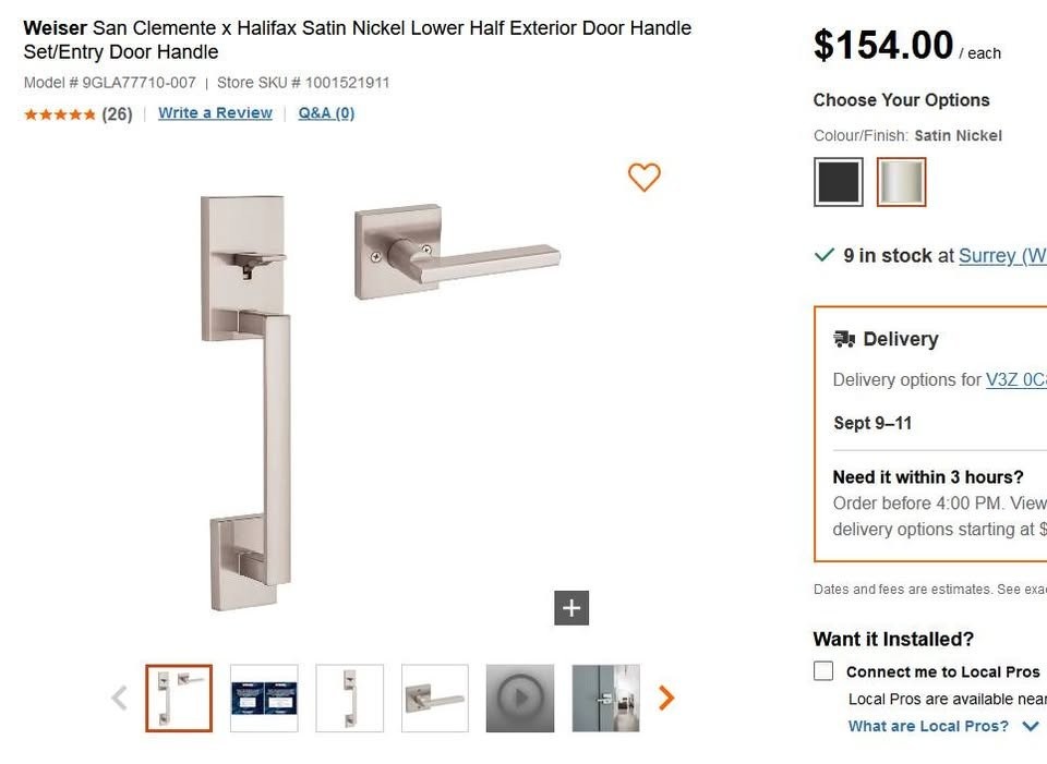 Weiser Satin Nickel Lower Exterior Door Handle, no accessories