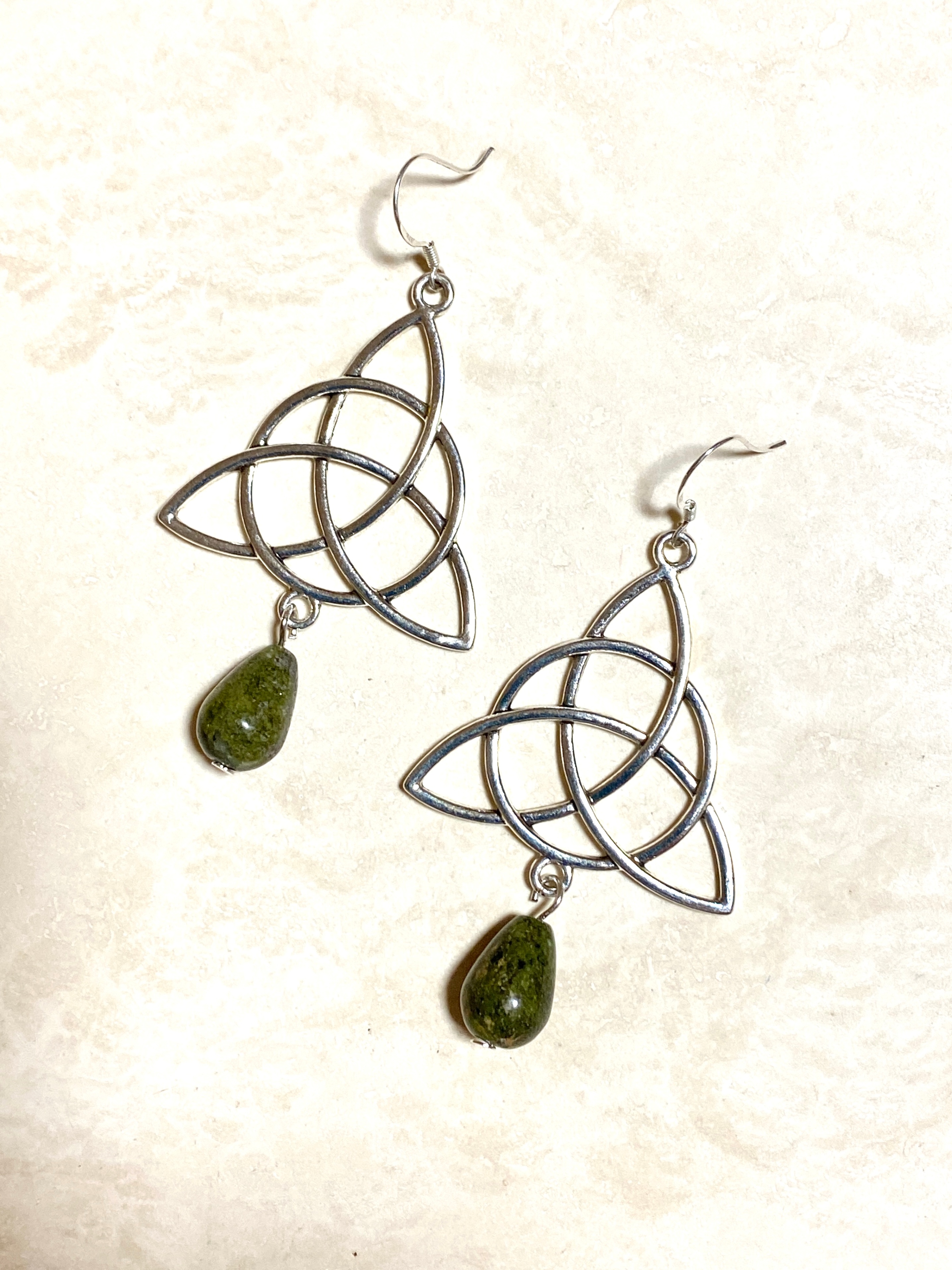 Dark Green Unakite Celtic Trinity Earrings, 925 silver Hooks