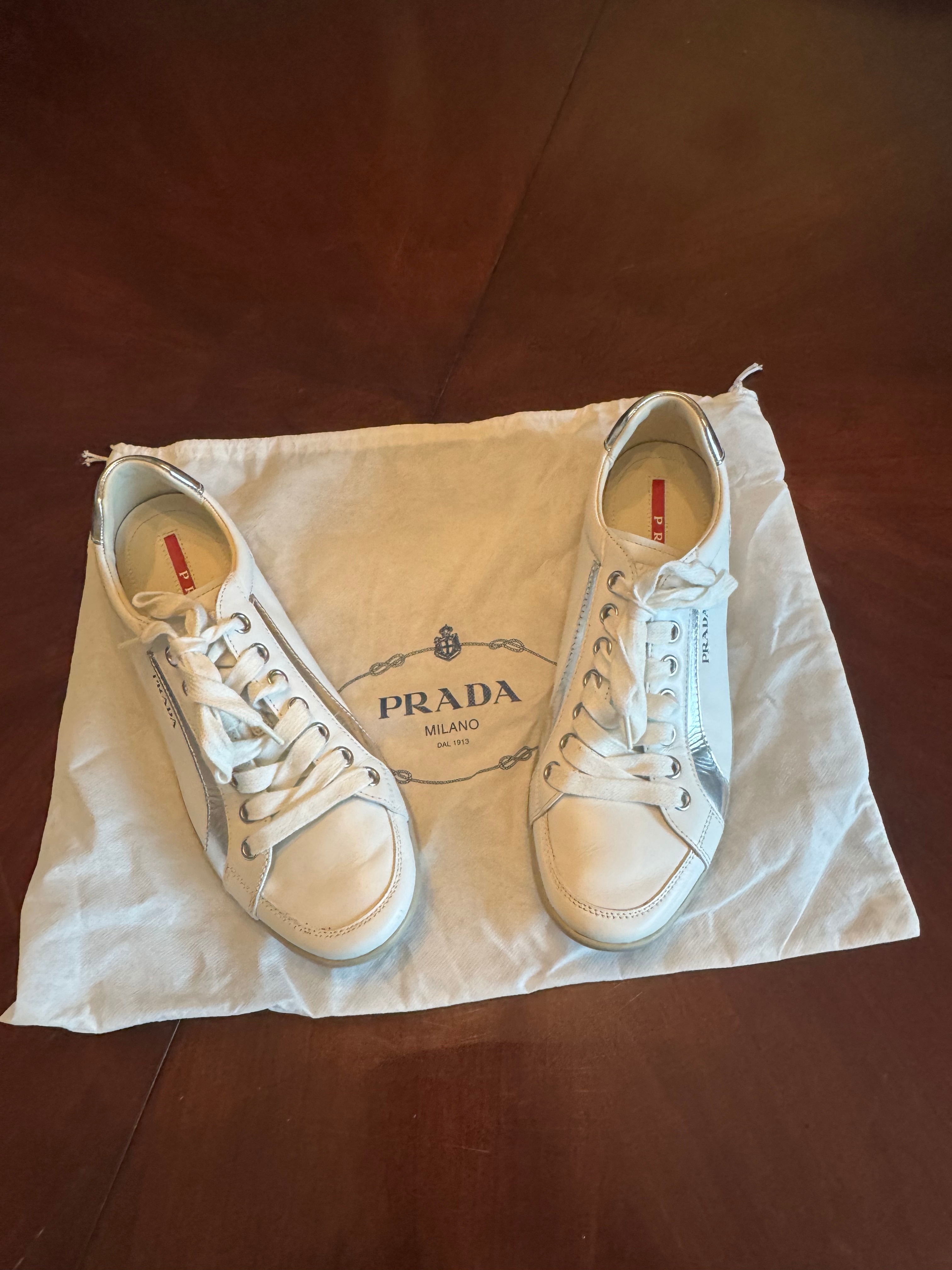Prada mens white with silver stripes sport shoe