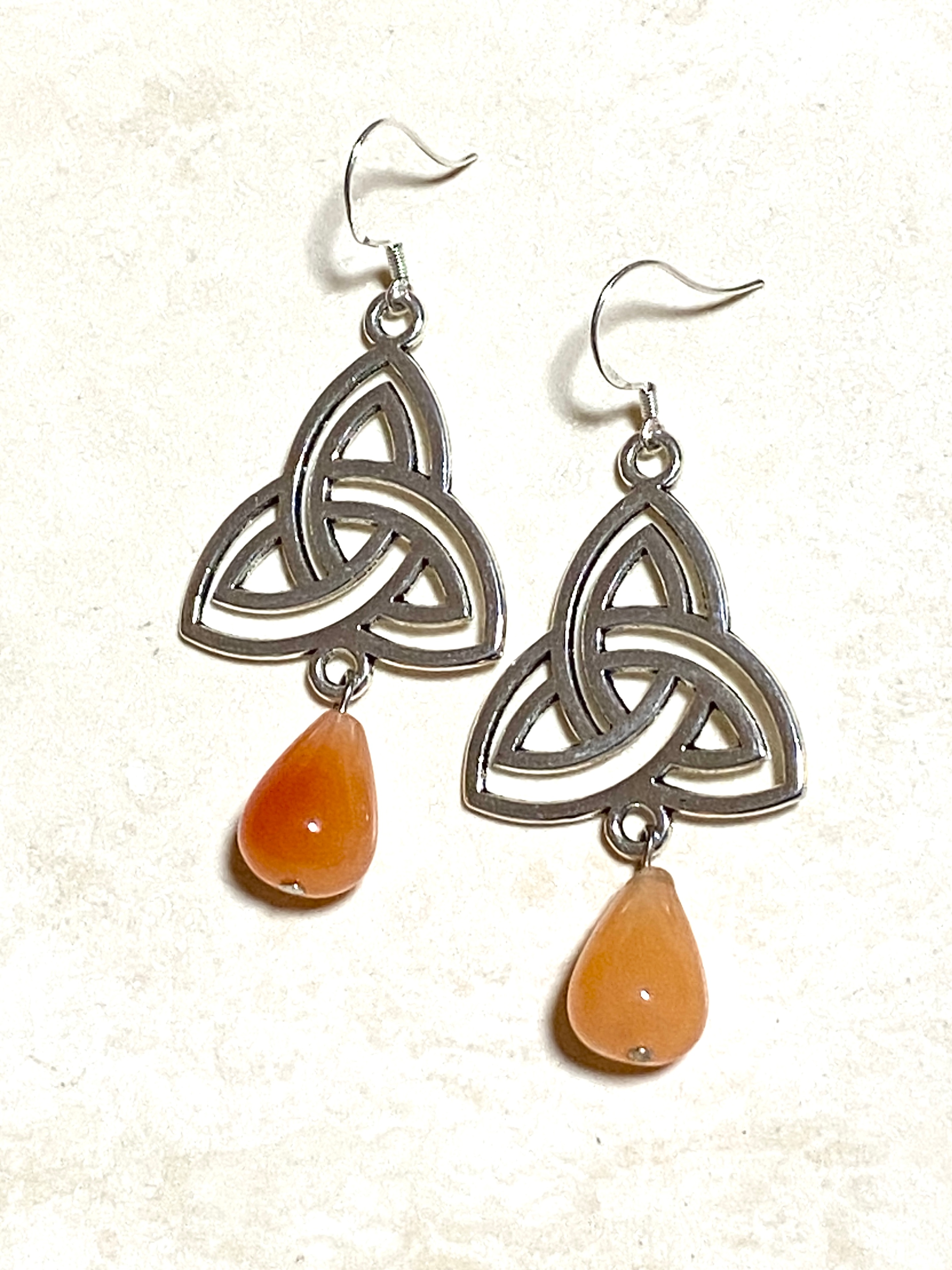 Orange Carnelian Agate Triqueta Earrings, Sterling Silver Hook