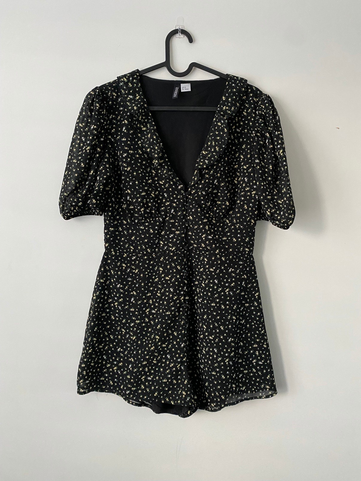 H&M Divided Black Floral Puff-Sleeve Mini Dress, UK 8