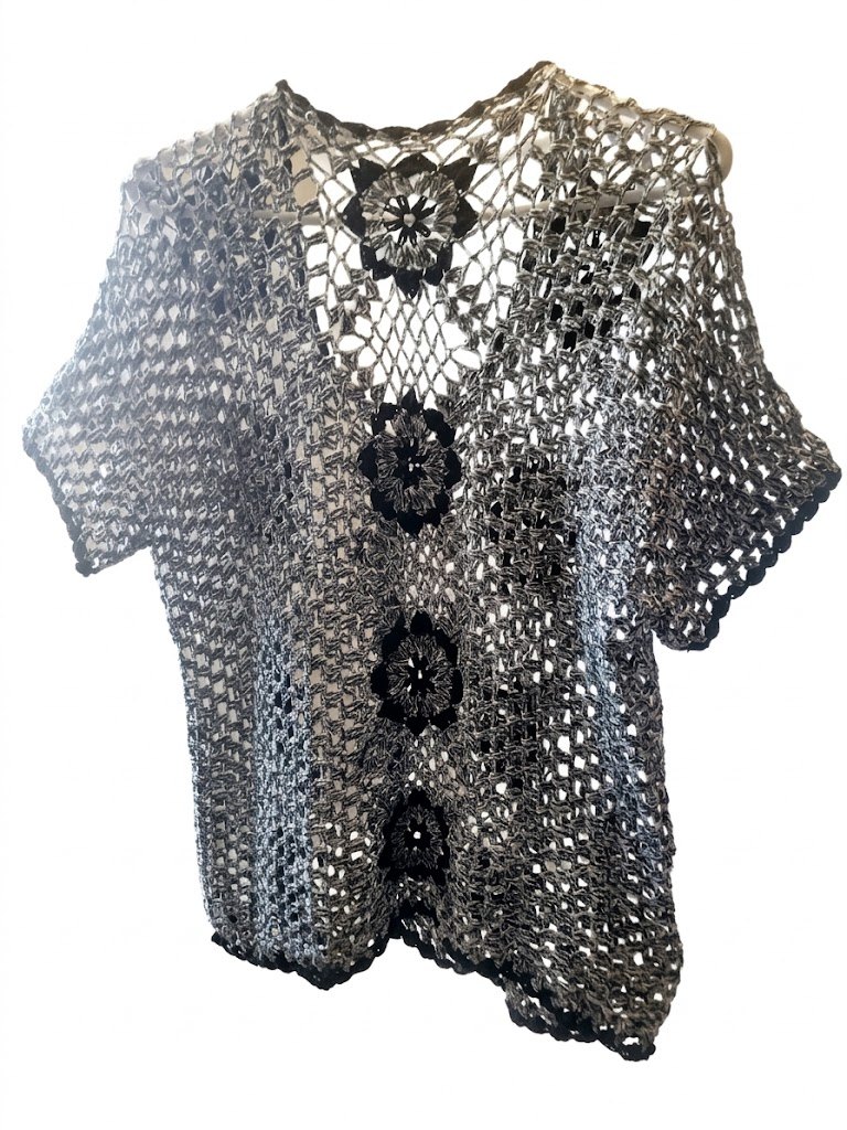 Boho Crochet Open Knit Short Sleeve Cardigan Floral Granny