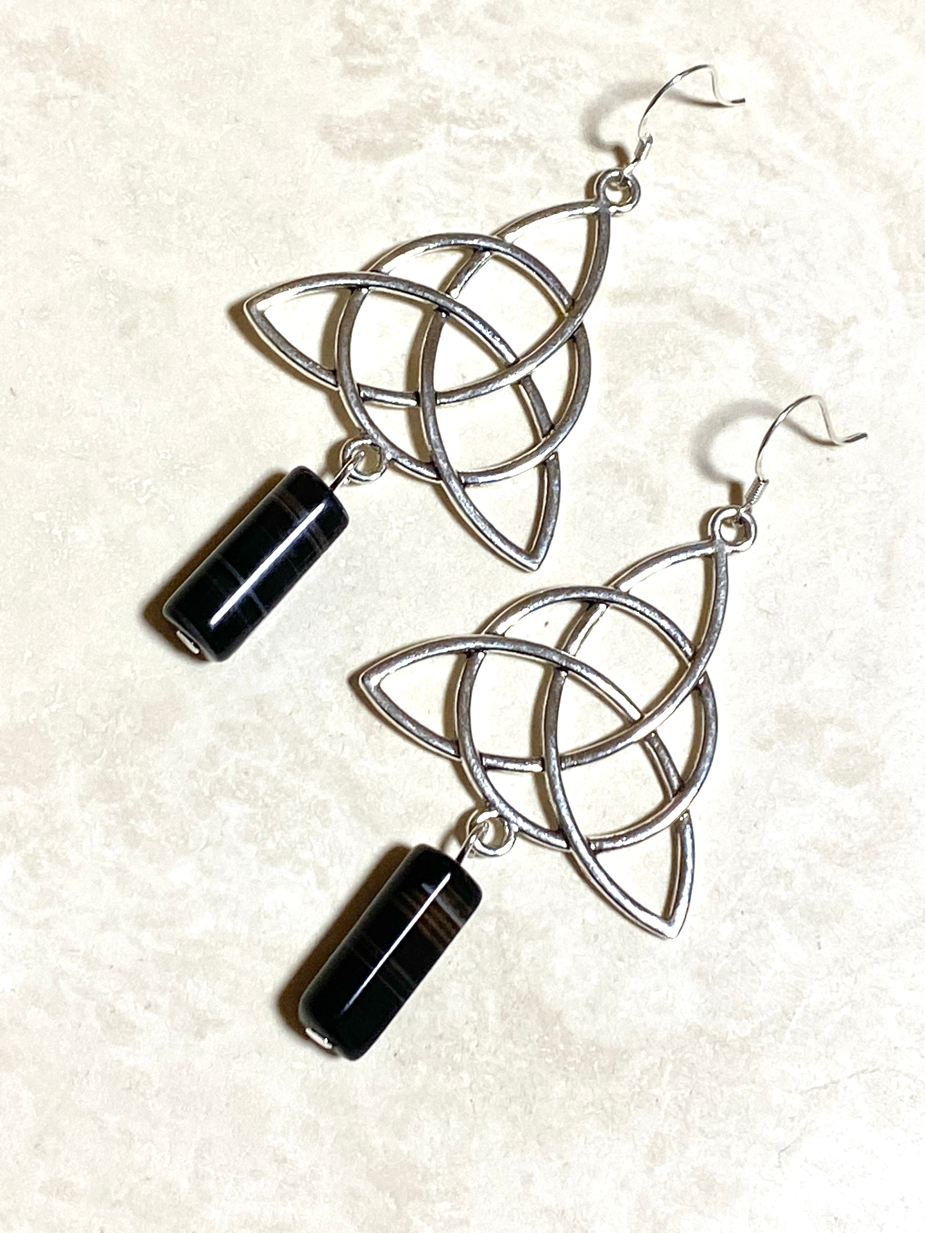 Dark Agate Celtic Trinity Earrings, Sterling Silver Hook - photo 2