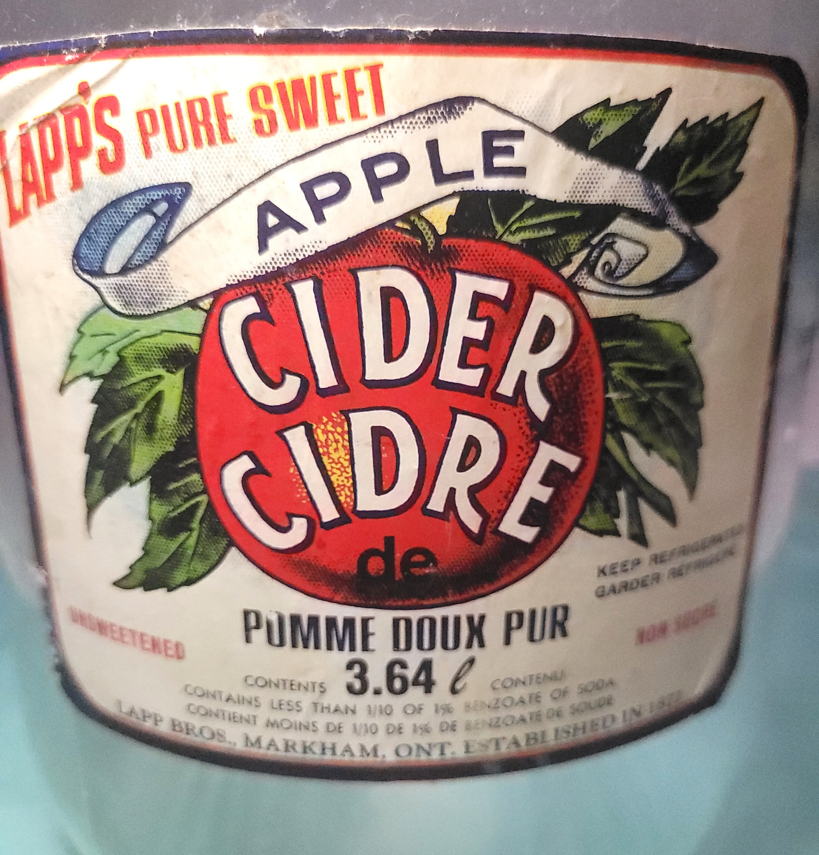 1970s Lapps Pure Sweet Apple Cider 1 Gallon Clear Glass Jug - photo 2