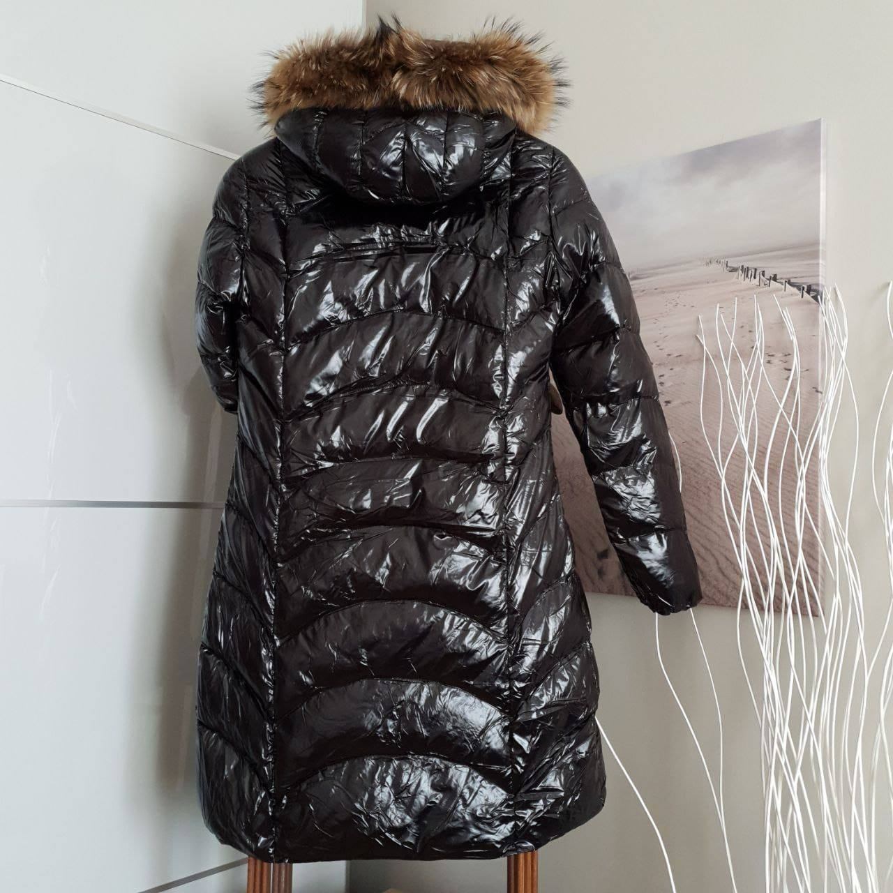 Moncler Long Puffer Jacket in Shiny Black Real Fur Hood Size L - photo 2