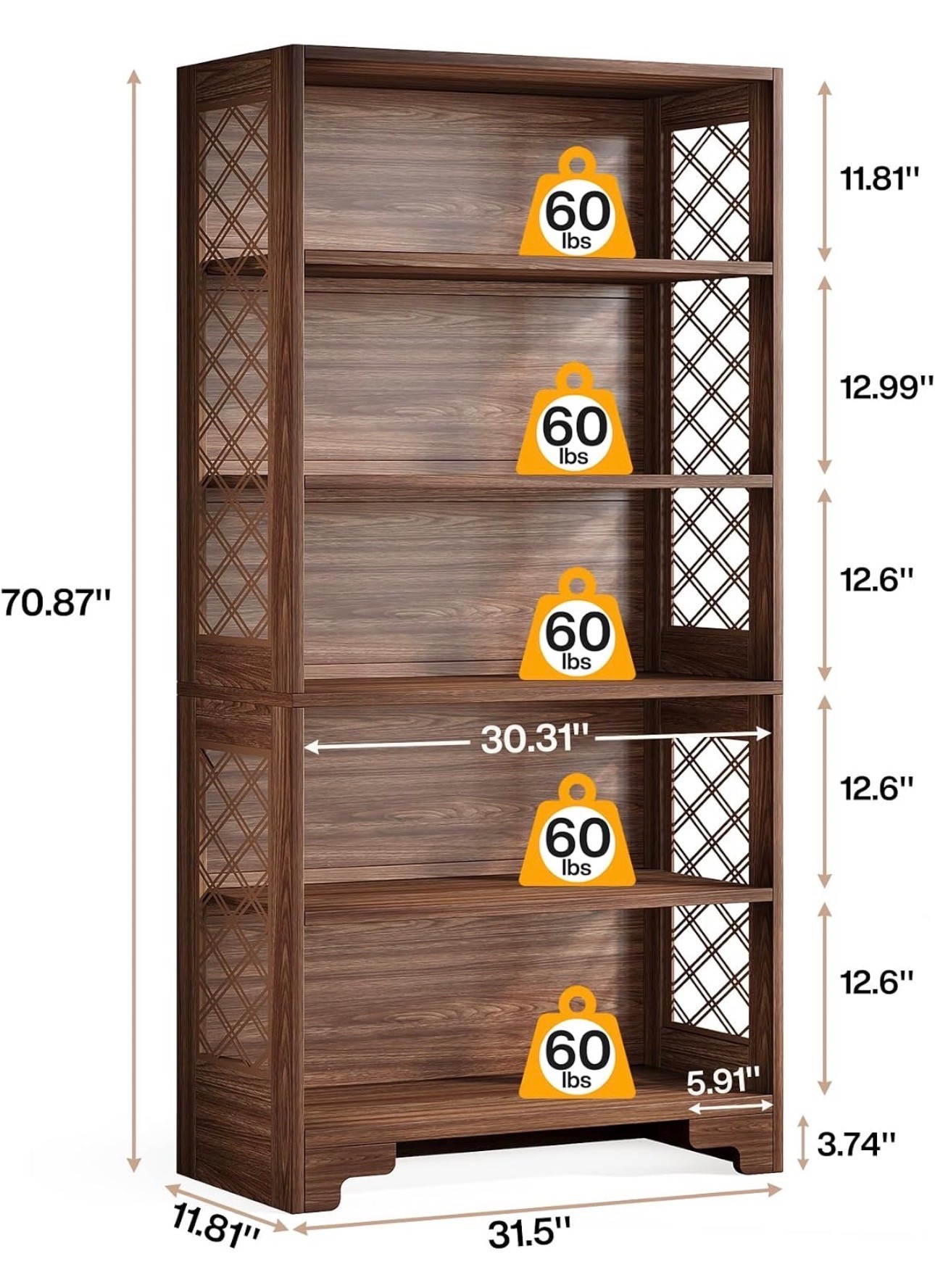 Tall 5-Tier Wooden Bookshelf – Walnut Finish – Brand New - photo 5