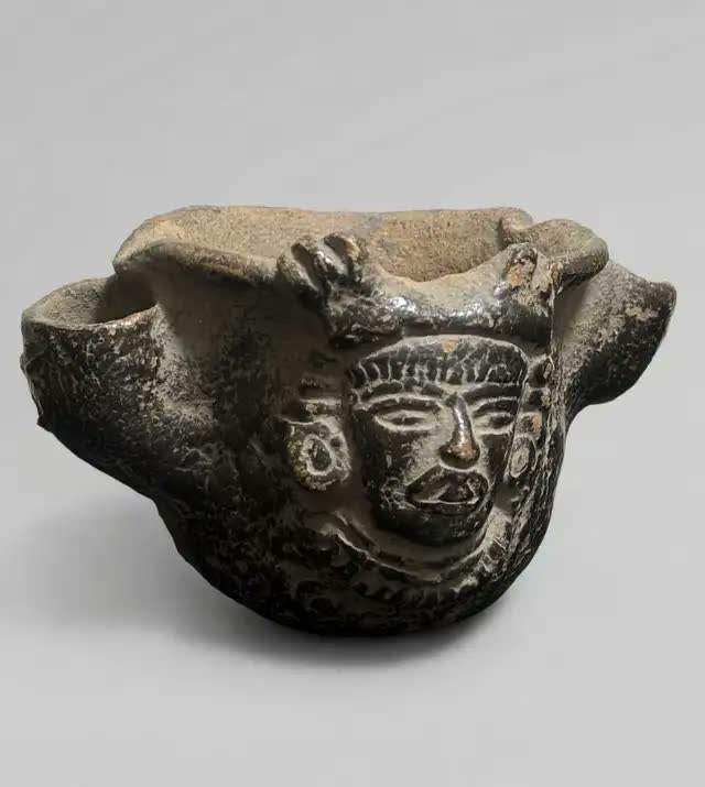 Pottery Jug Pre-Columbian Style Carved Face Twin Spouts - photo 2