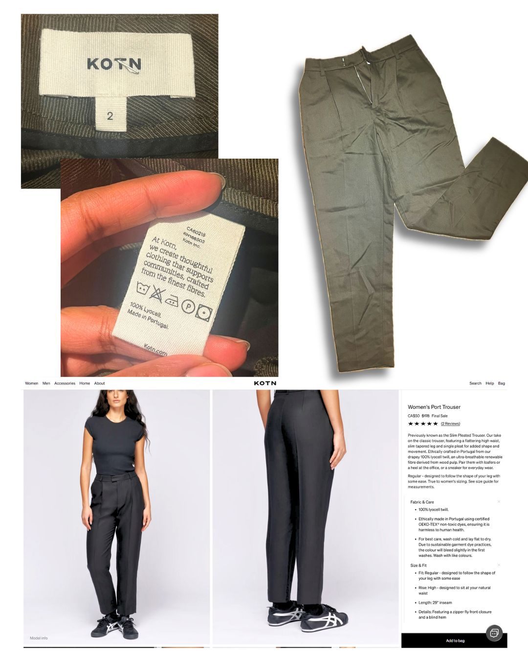 KOTN Women's Port Trouser, Olive Green, Size 2