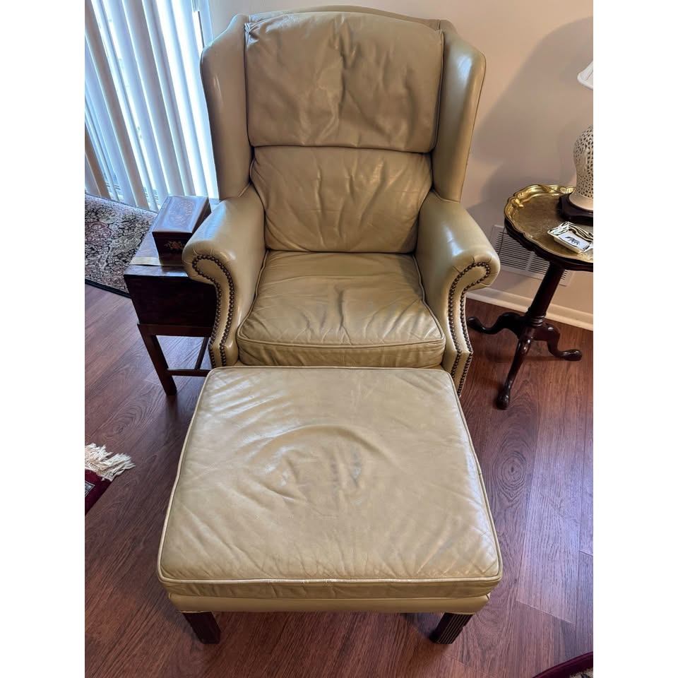 Classic Leather Chippendale Wingback Chair Ottoman Set