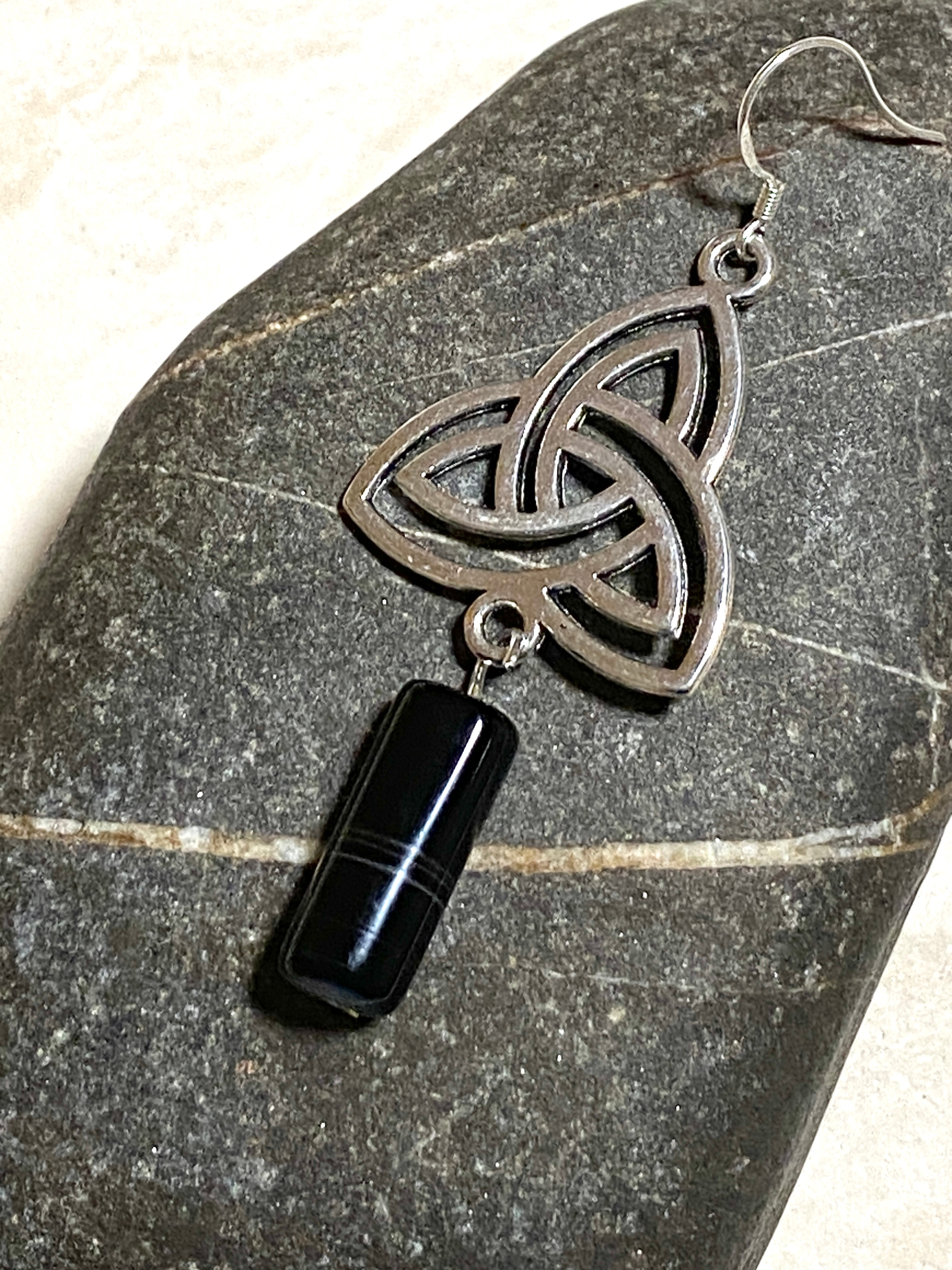 Dark Agate Triqueta Earrings, Sterling Silver Hook - photo 5