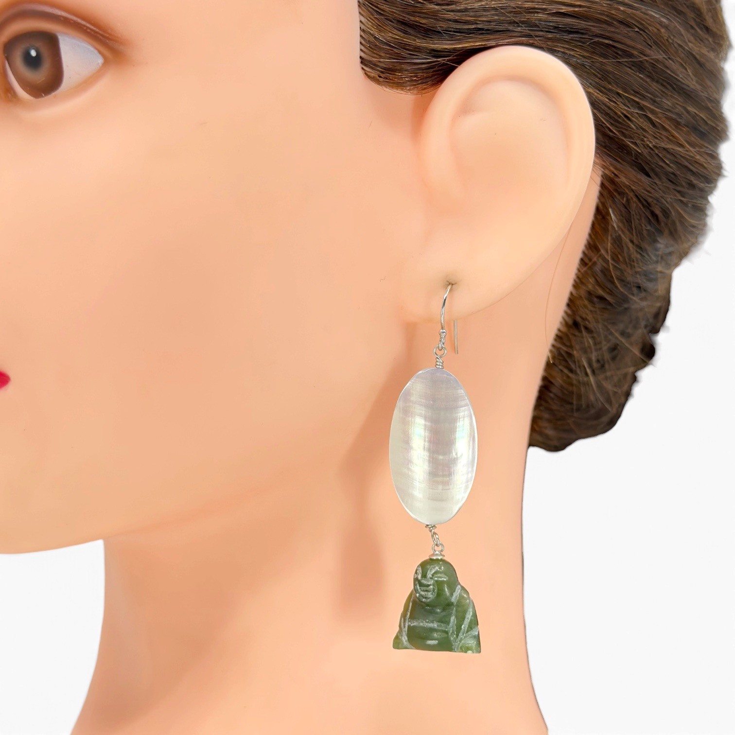 Sterling silver mother pearl & nephrite jade Buddha earrings - photo 4