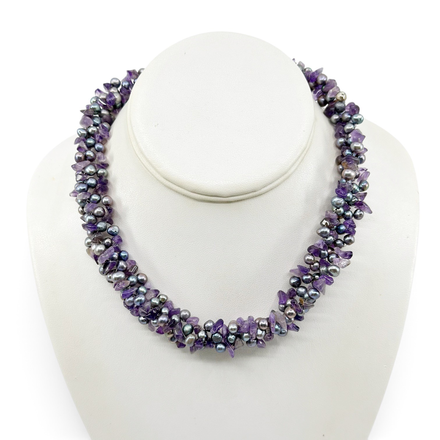sterling silver pearl & amethyst beads torsade necklace - GM1085 - photo 2