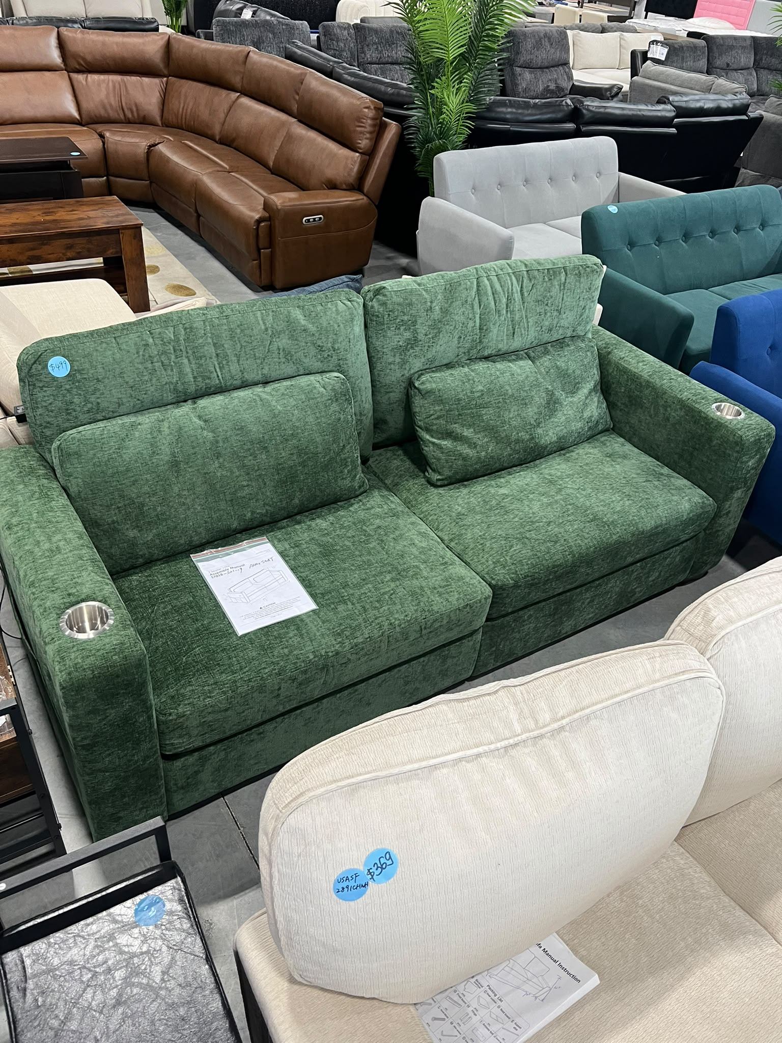 Green Fabric Sofa with Cup Holder & USB Port - Brand New $499