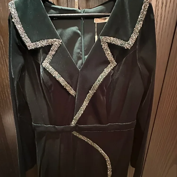 Gorgeous dark green velvet maxi dress with embellished collar