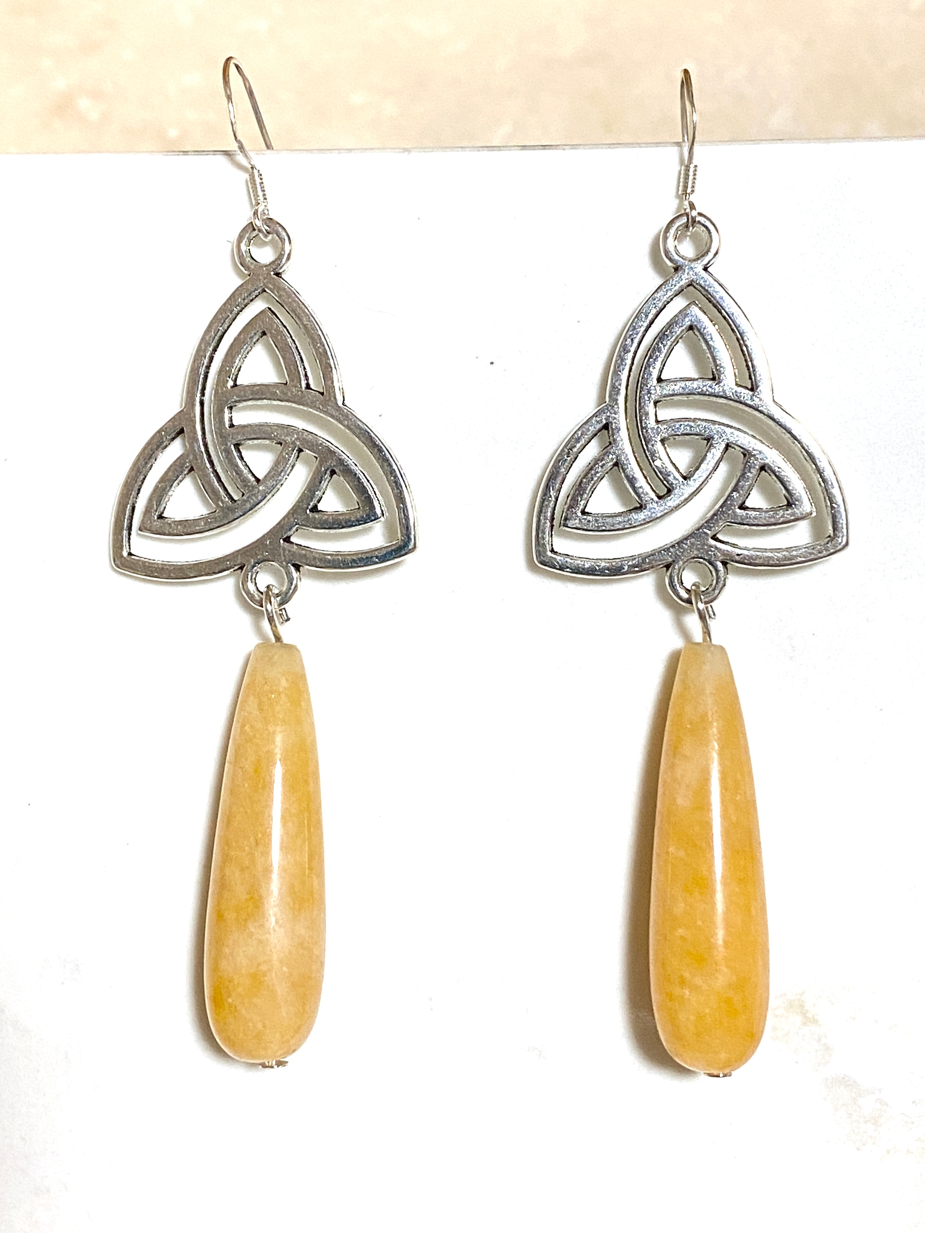 Yellow Orange Aventurine Triqueta Earrings, 925 Silver Hooks