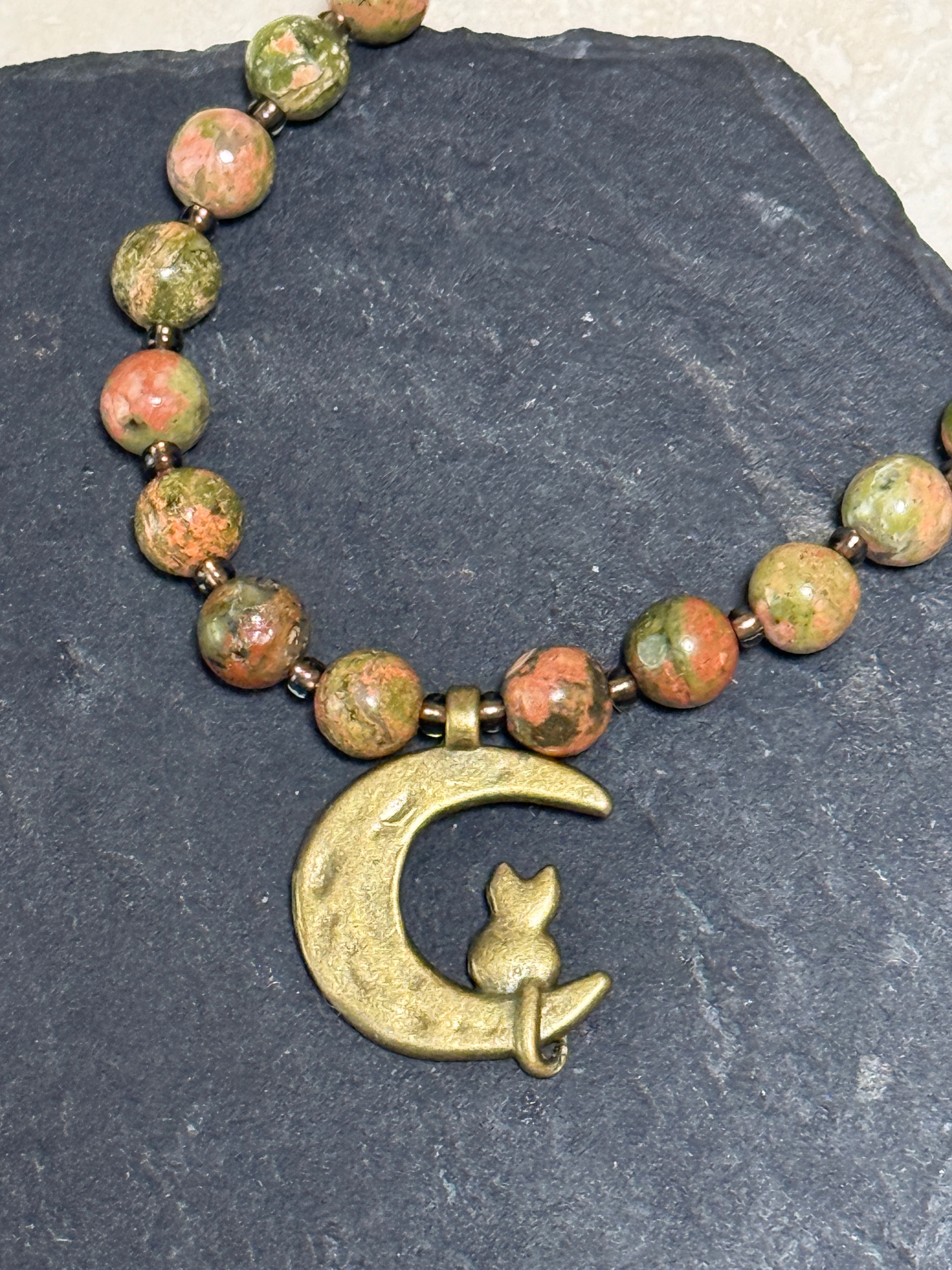 Green Unakite Short Necklace, Bronze Cat on the Moon Pendant - photo 4