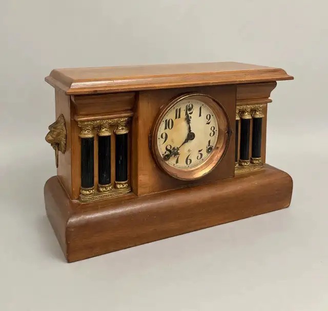 Vintage Wm L Gilbert Mantel Clock Lion Head Handles Key