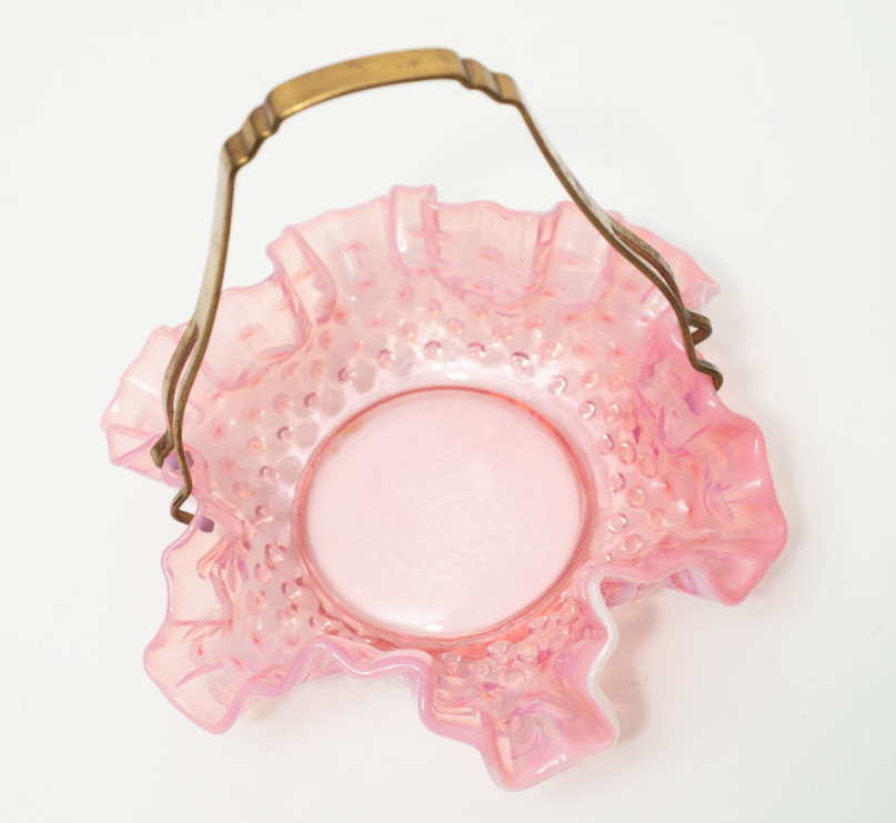Vintage Pink Opalescent Fenton Hobnail Glass Basket Dish MC Art - photo 2