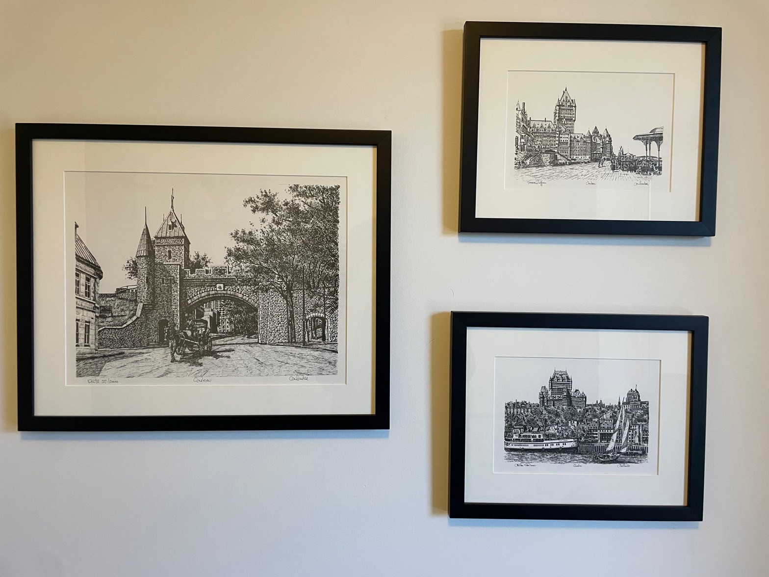 Framed Quebec sketches, set of 3