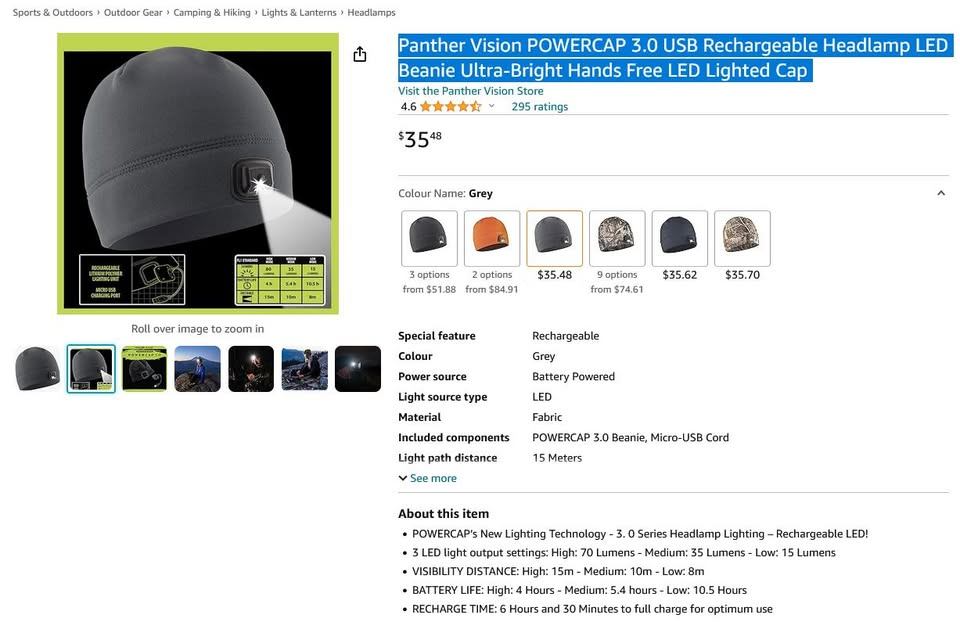 Cap with LED light, Panther Vision POWERCAP 3.0 Headlamp