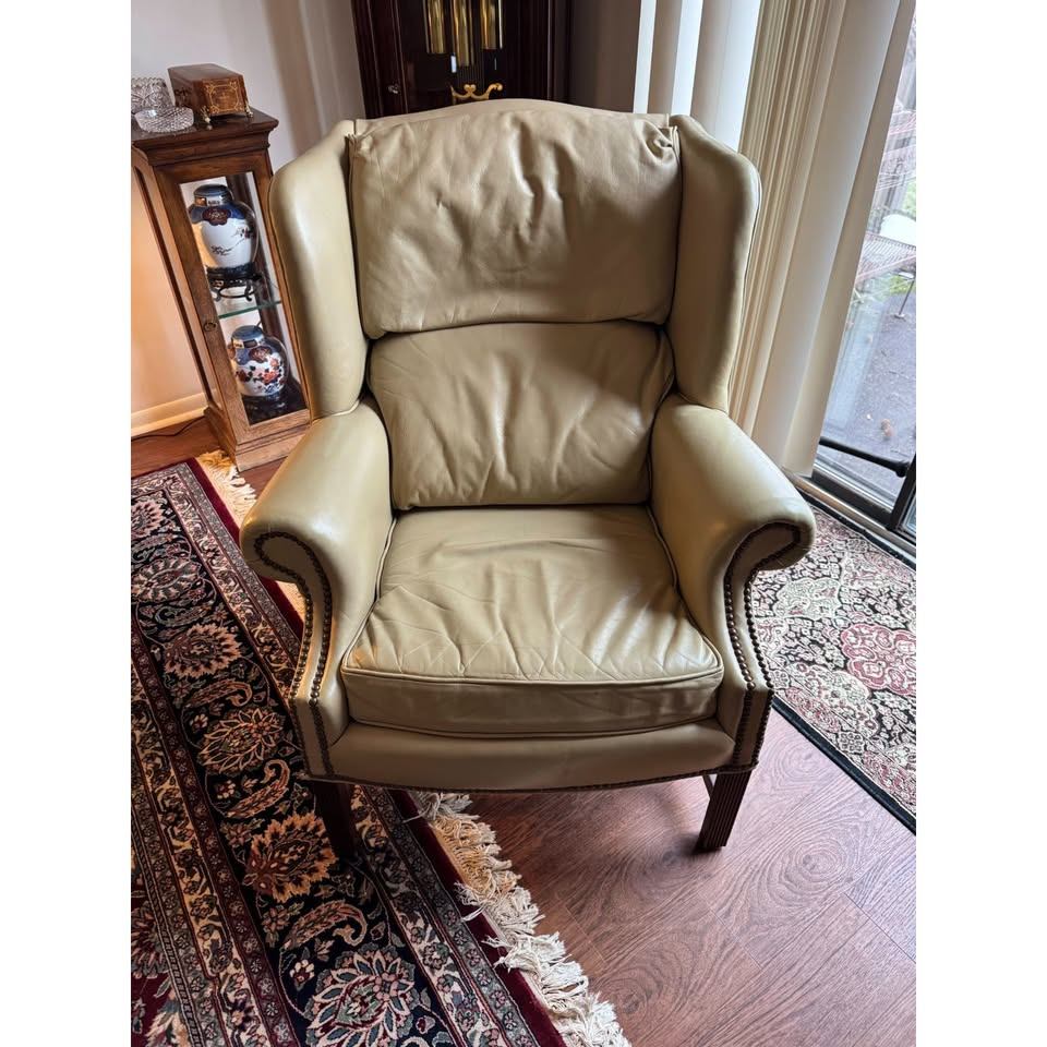 Classic Leather Mahogany Chippendale Wingback Chair