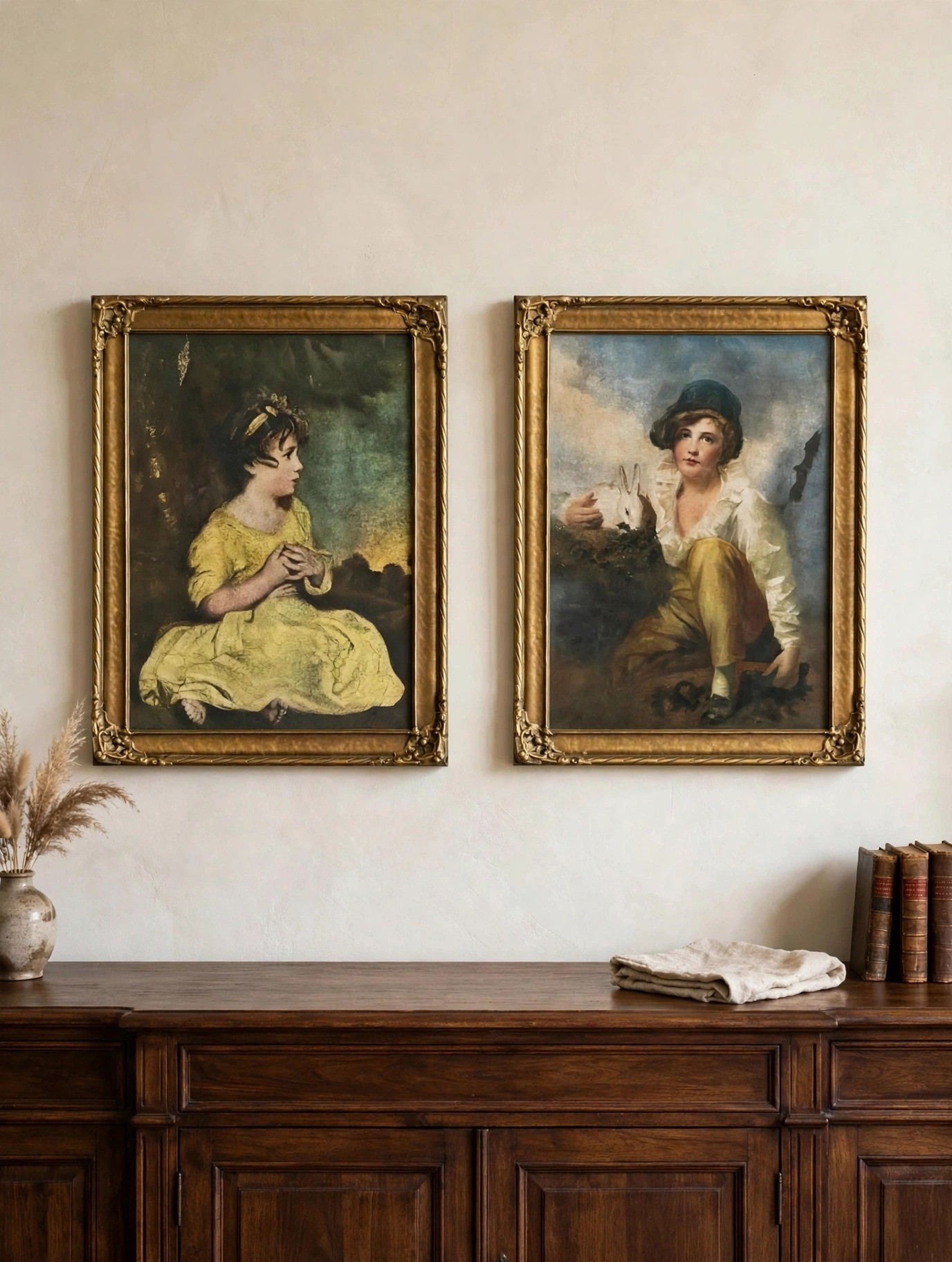Child Portrait Prints Pair Vintage Gold Frames