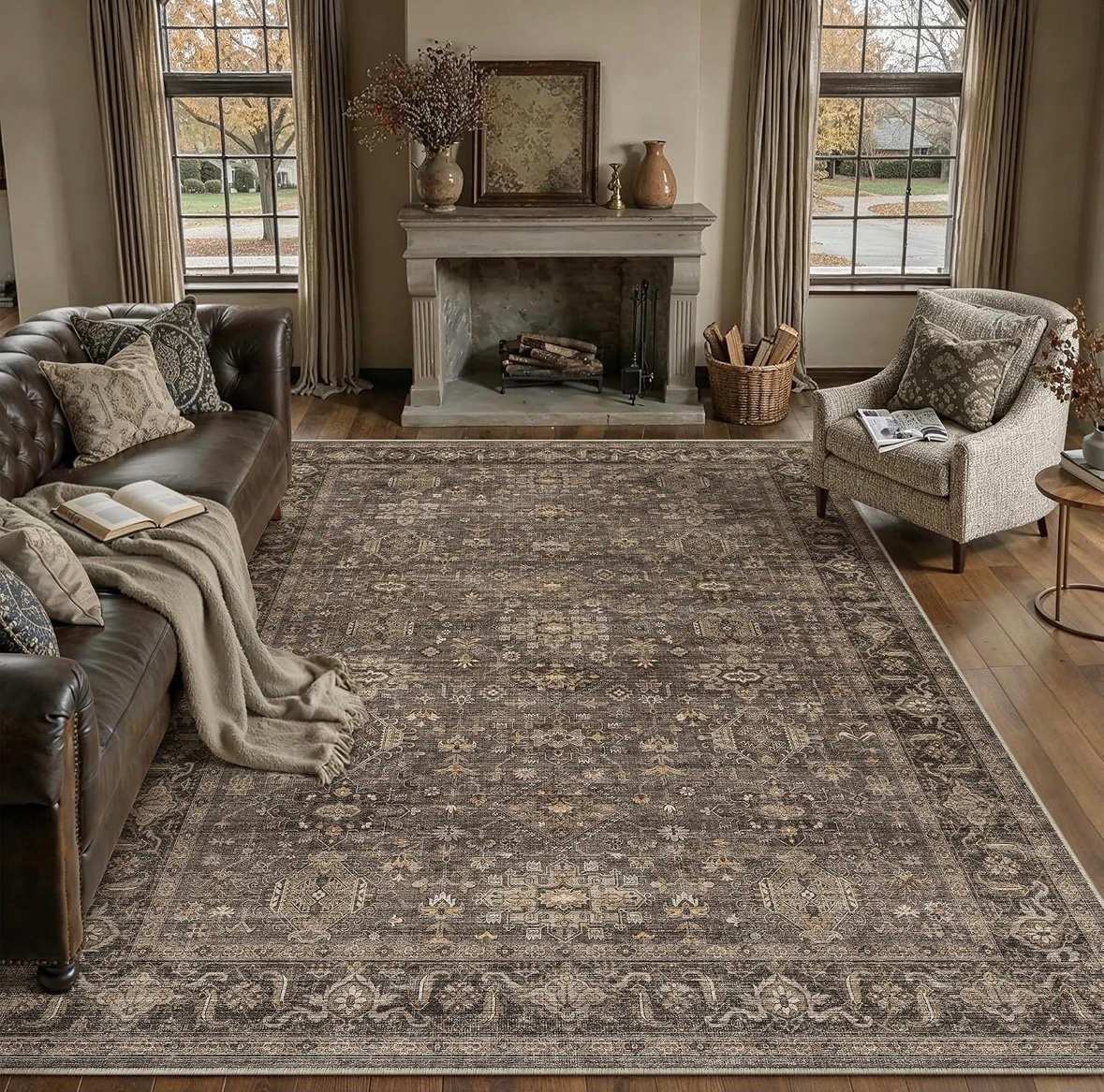 8x10 Rug Washable Brown Vintage Low Pile