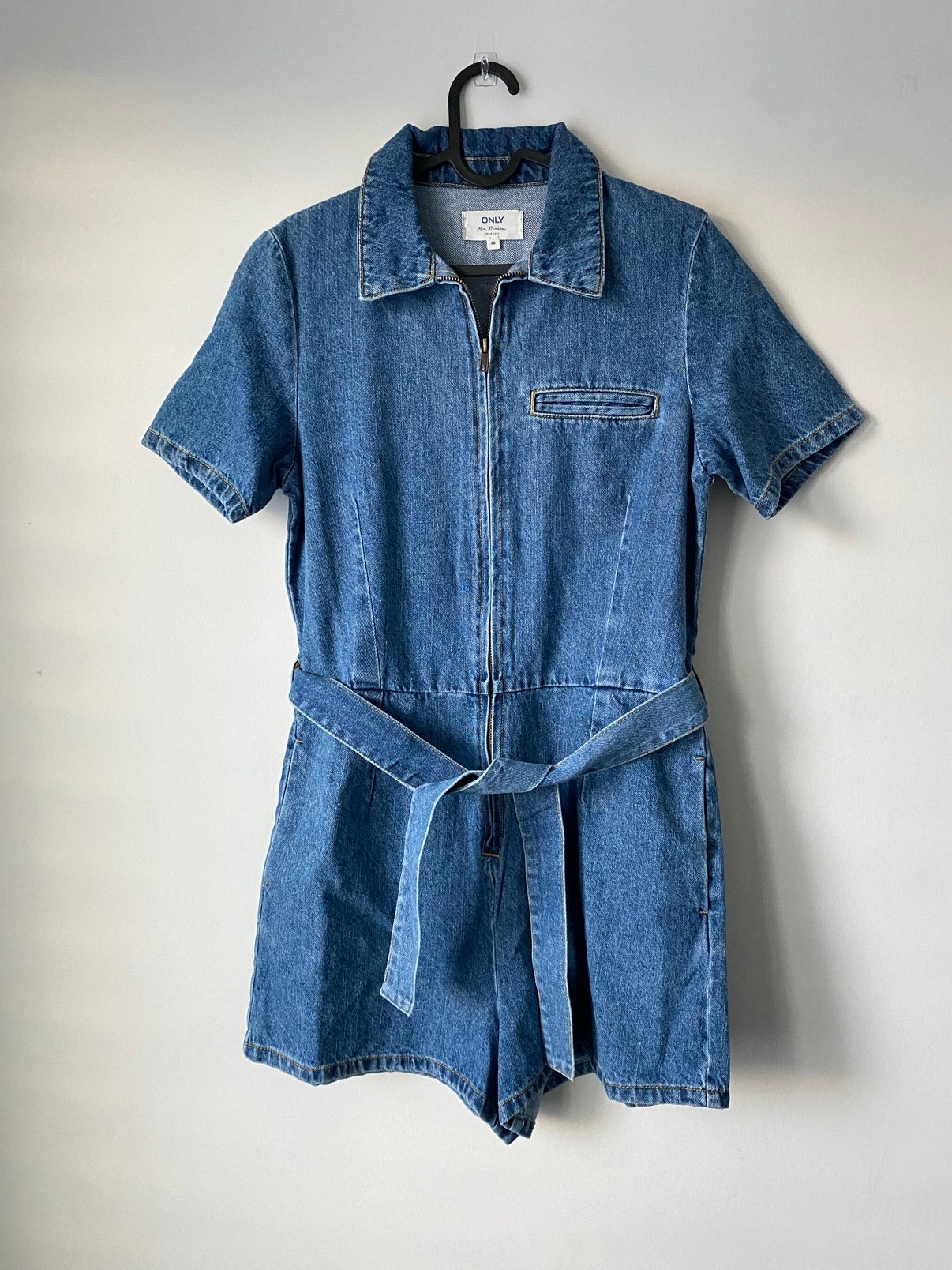 ONLY Blue Denim Romper with Tie Belt, Size 36