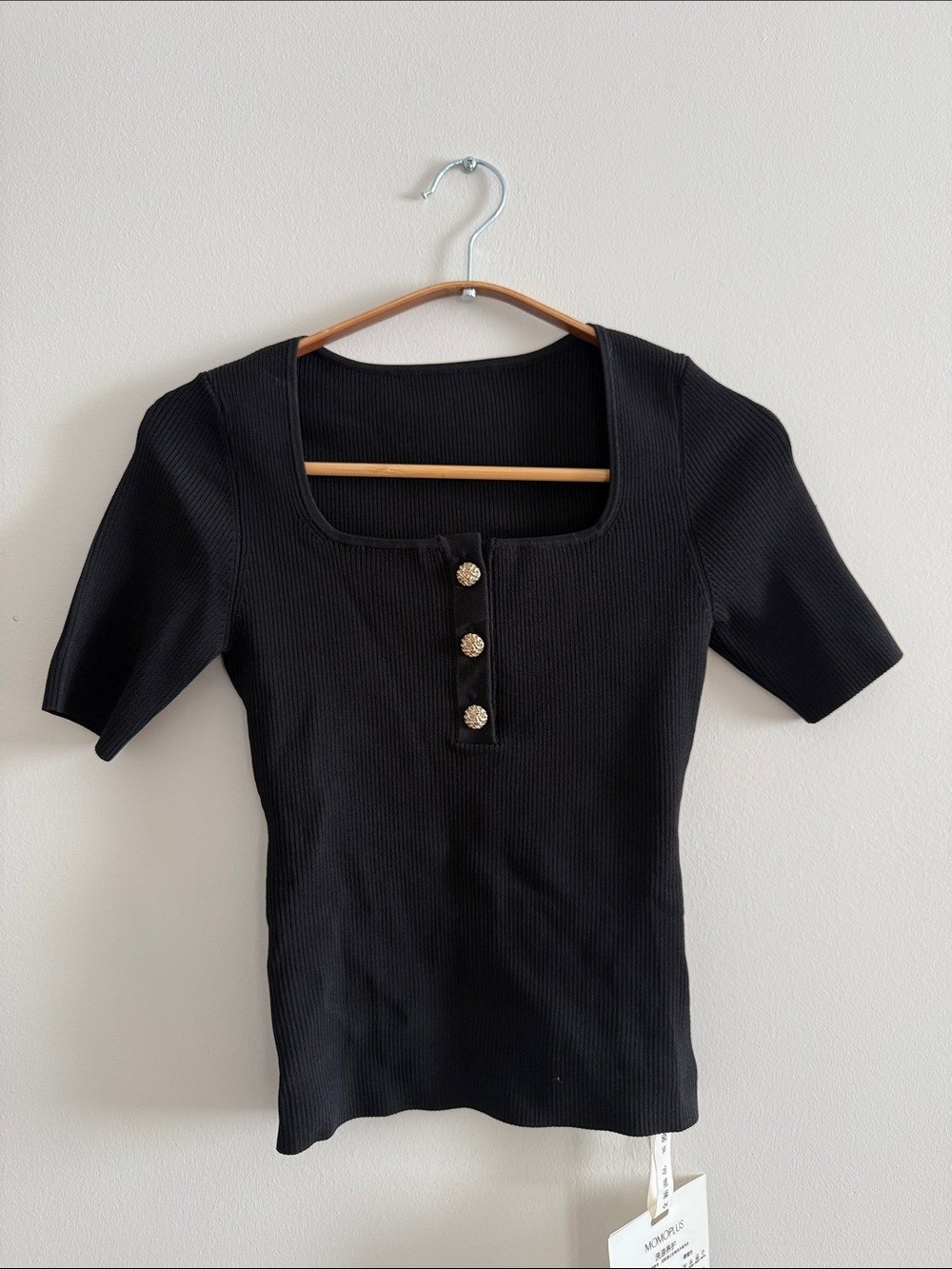 Black Ribbed Square Neck Short Sleeve Top w/ Decorative Buttons