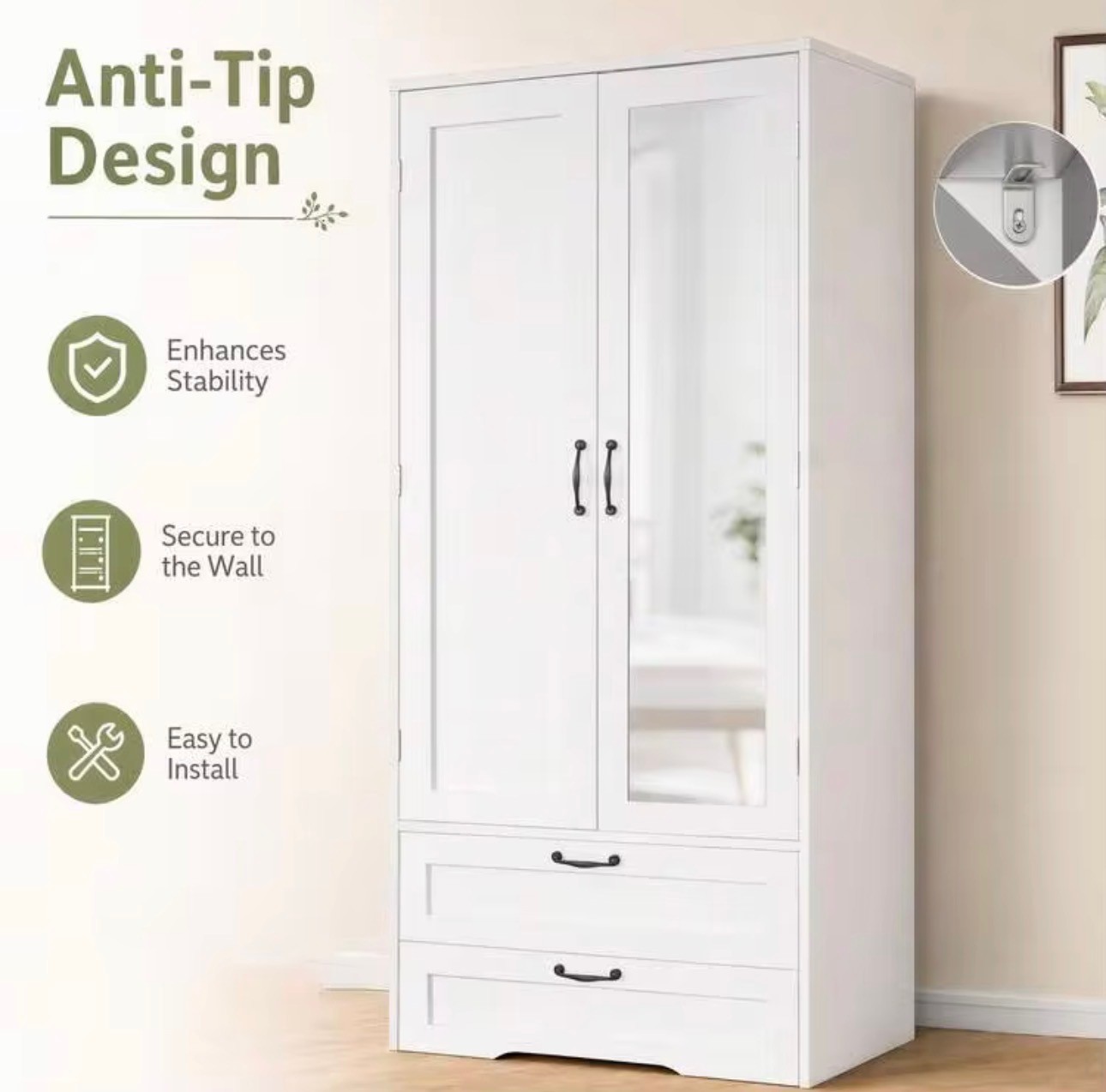White Wardrobe with Mirror Door & 2 Drawers - Brand New - photo 2