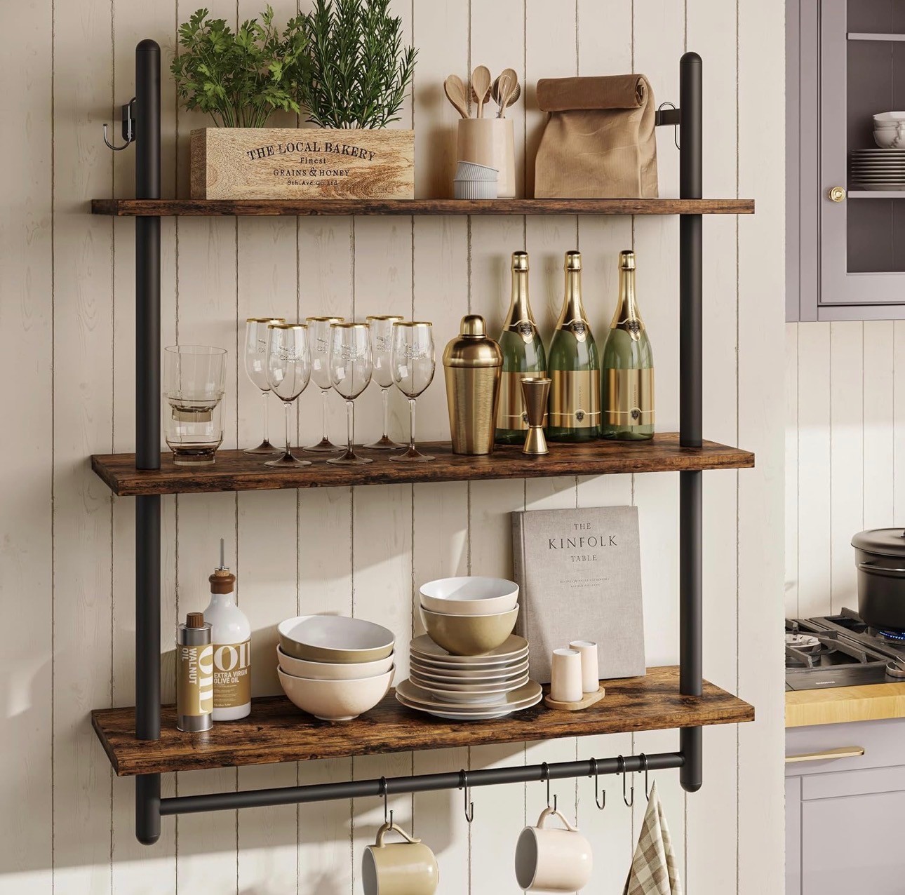 Industrial 3-Tier Wall Shelf with Hanging Rail – Brand New