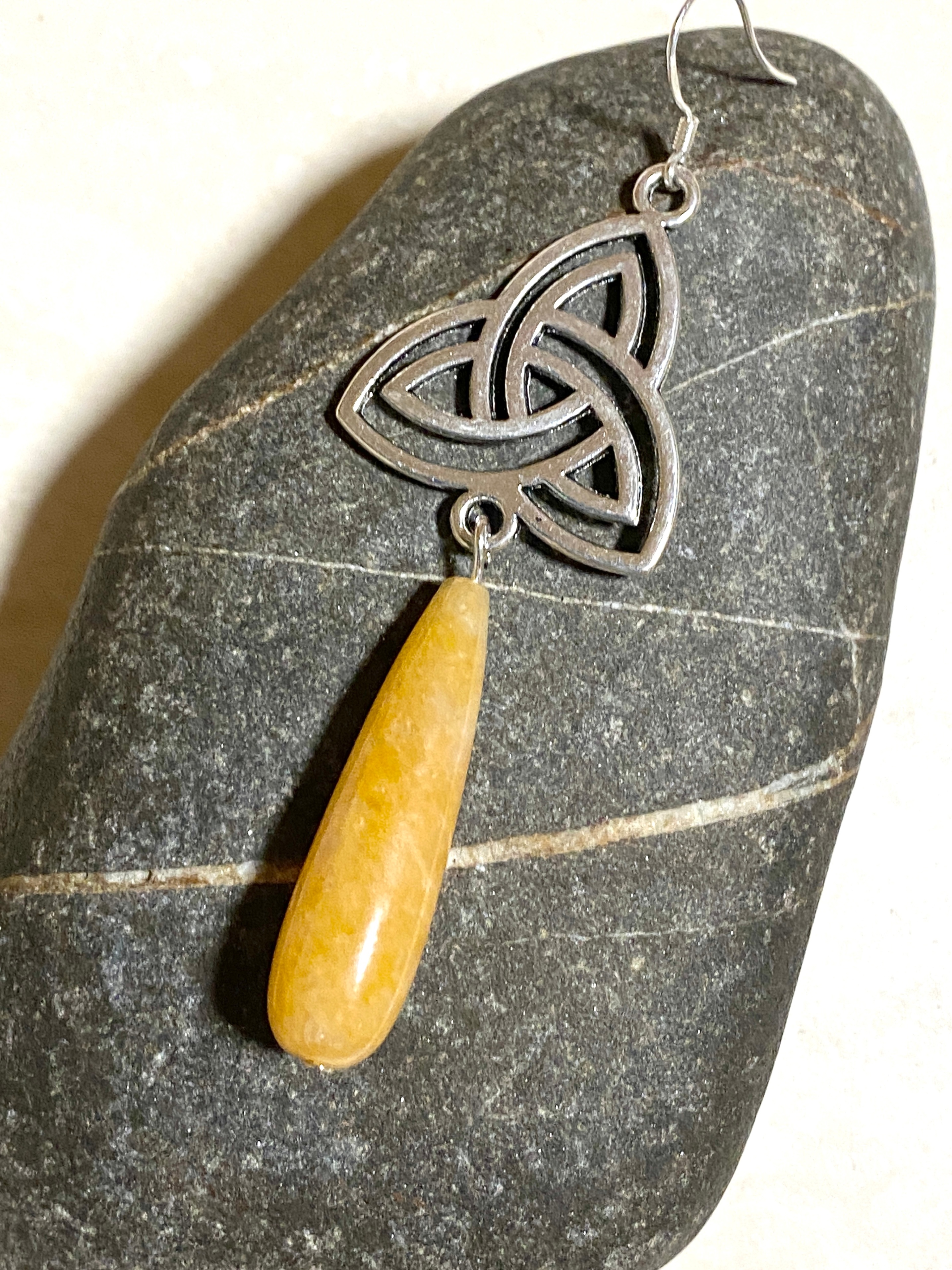 Yellow Orange Aventurine Triqueta Earrings, 925 Silver Hooks - photo 4