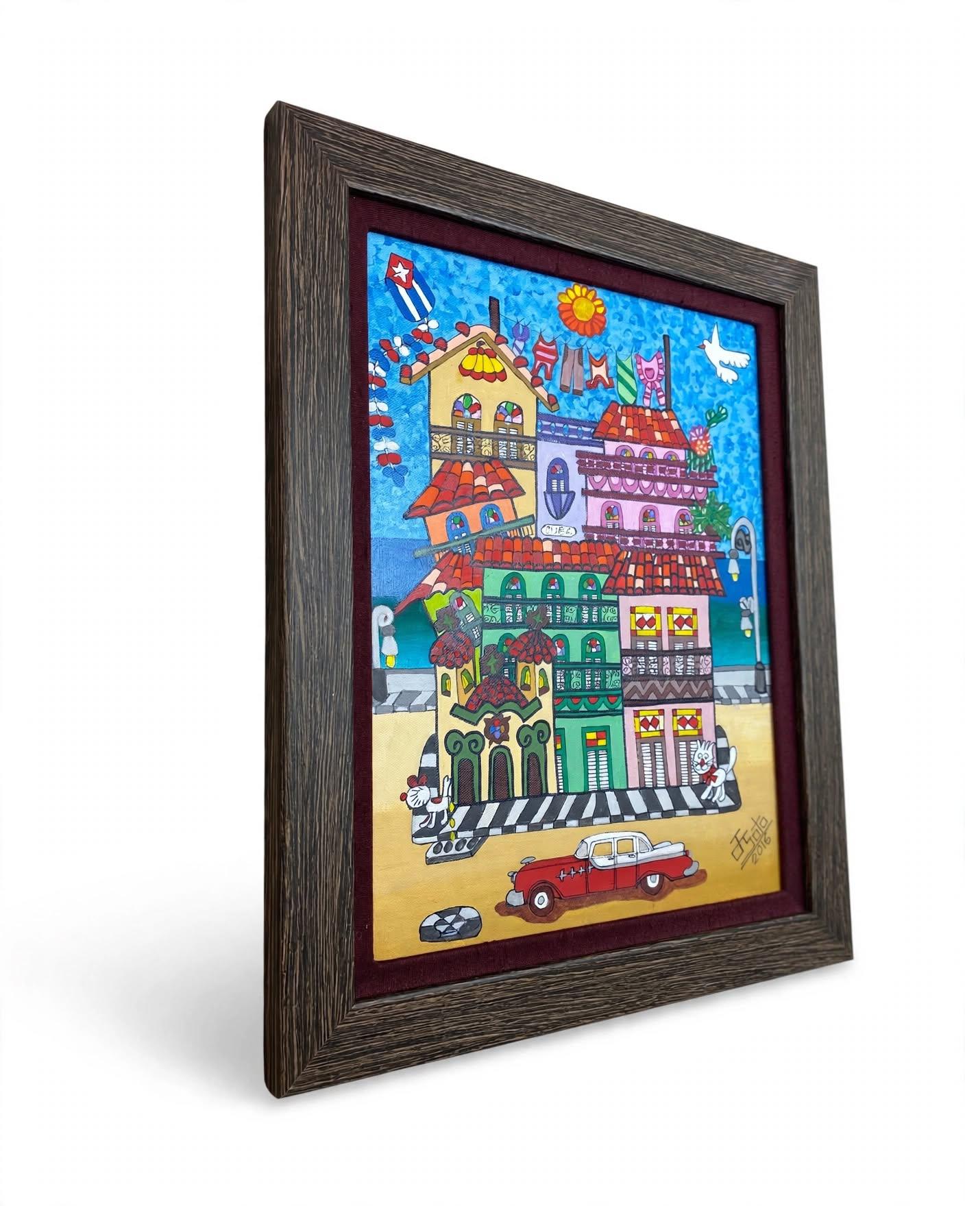 Original Cuba Painting Havana Street Scene Framed 2016 Folk Art - photo 2