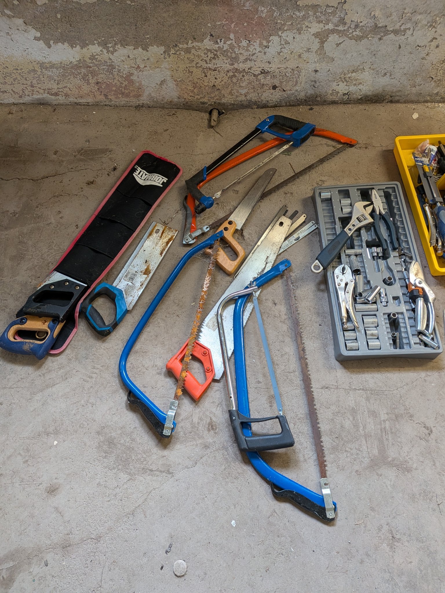 Large Assorted Hand Tool Lot: Saws, Socket Set, Wrenches