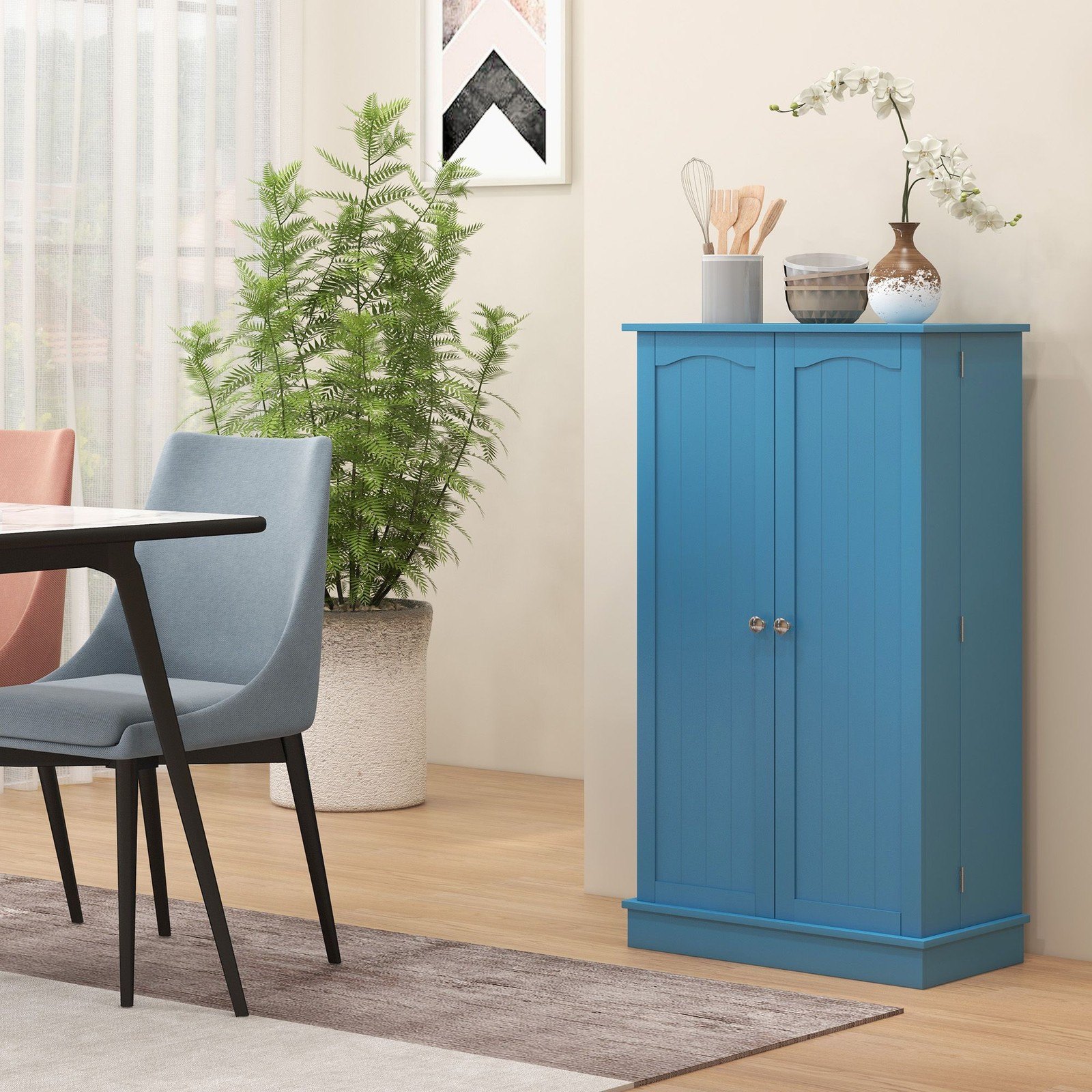 Elegant Blue Freestanding Kitchen Pantry Cabinet Double Doors - photo 2
