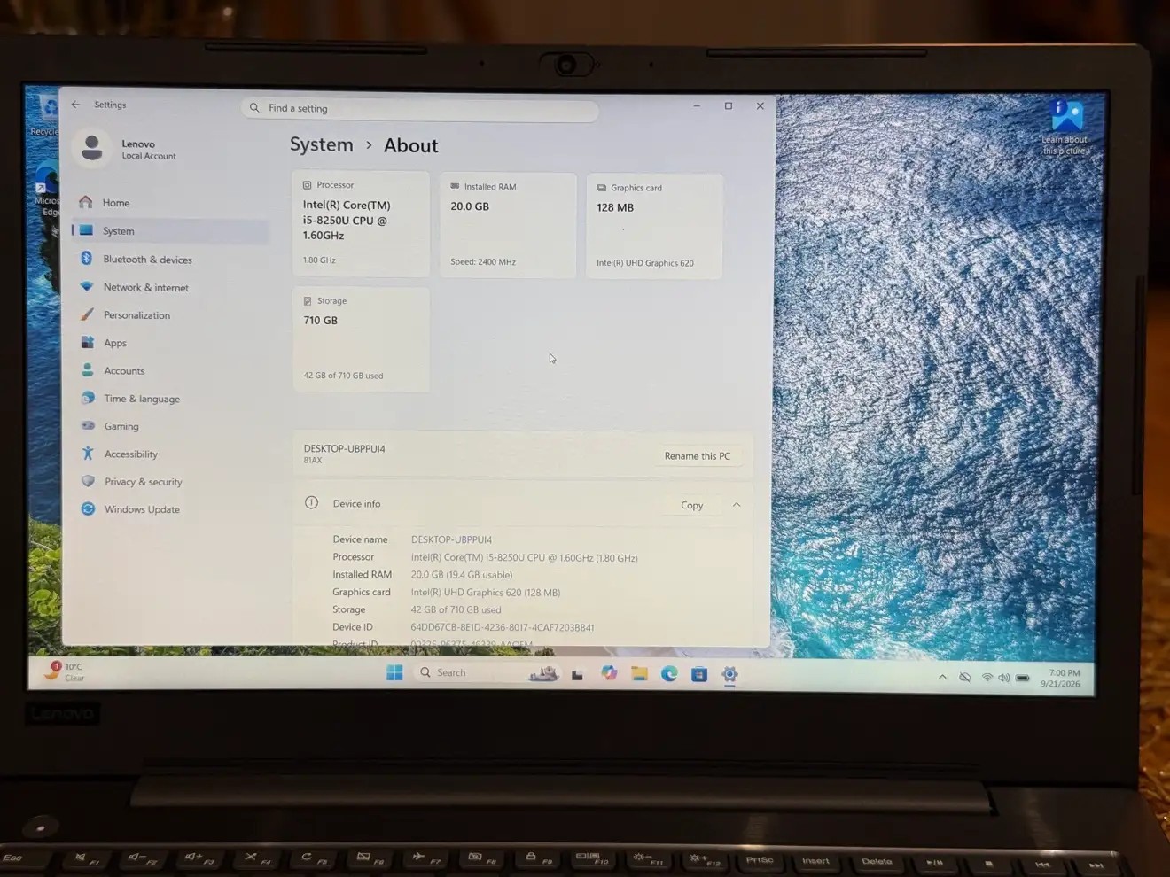Lenovo 15.6 Laptop - i5-8250U, 20GB RAM, 710GB SSD - photo 4